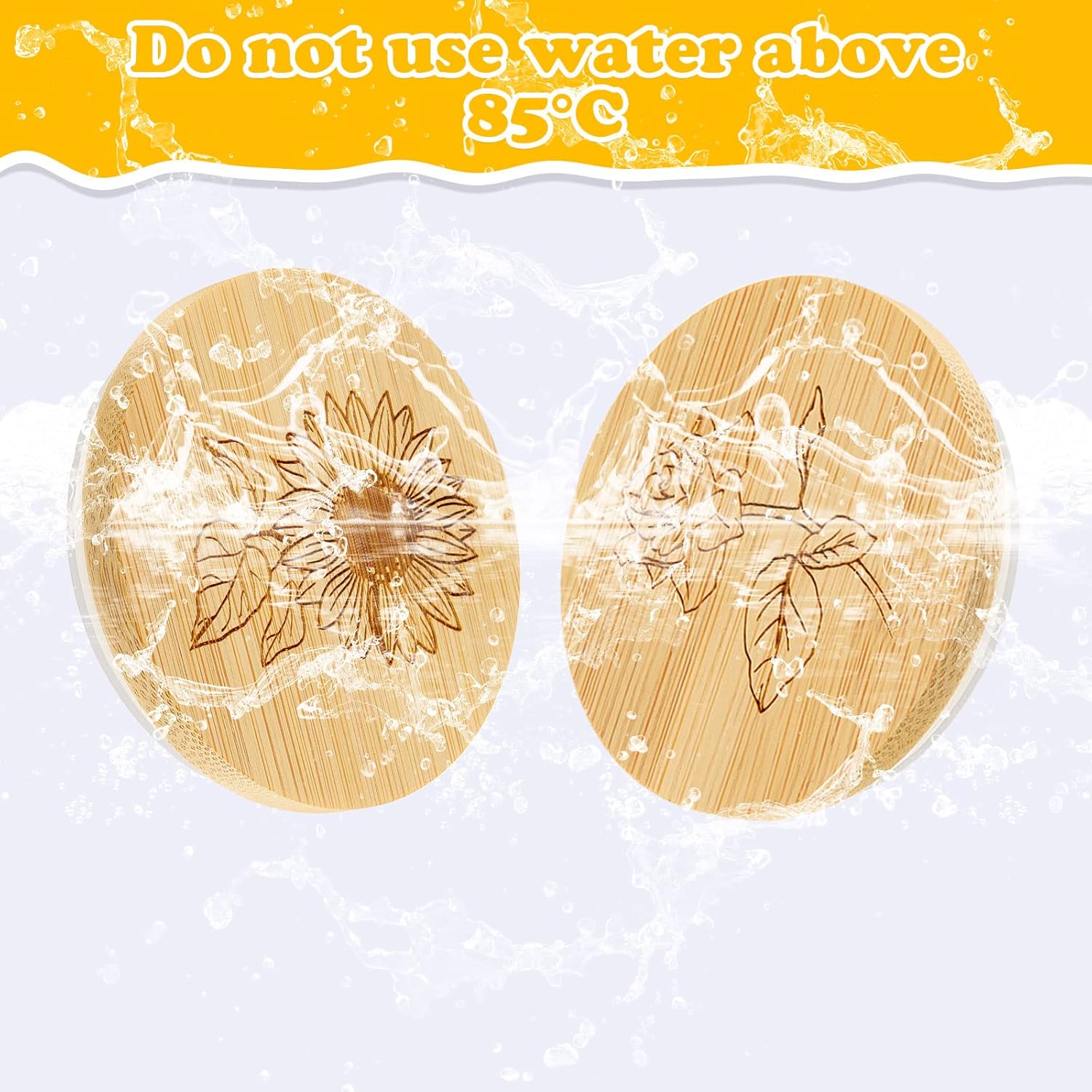 Bamboo Wood Yogurt Jar Lids Set with Silicone Sealing Rings - 6 Pack with Various Patterns for Oui Glass Jars - Reusable and Compatible