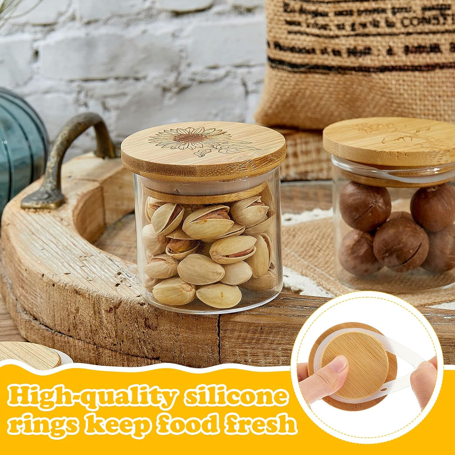 Bamboo Wood Yogurt Jar Lids Set with Silicone Sealing Rings - 6 Pack with Various Patterns for Oui Glass Jars - Reusable and Compatible