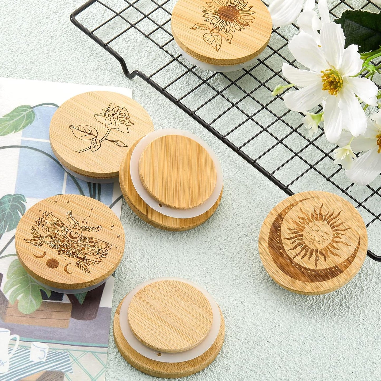 Bamboo Wood Yogurt Jar Lids Set with Silicone Sealing Rings - 6 Pack with Various Patterns for Oui Glass Jars - Reusable and Compatible