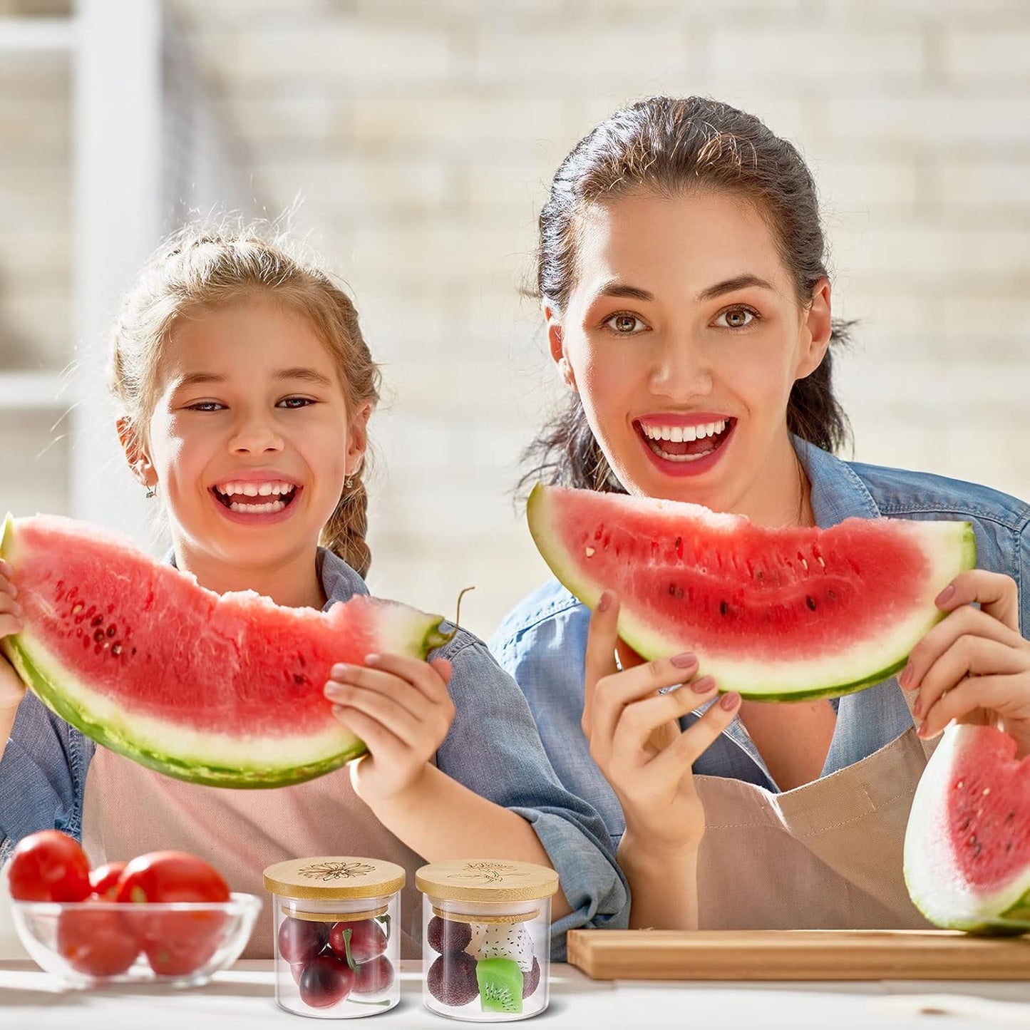 Bamboo Wood Yogurt Jar Lids Set with Silicone Sealing Rings - 6 Pack with Various Patterns for Oui Glass Jars - Reusable and Compatible