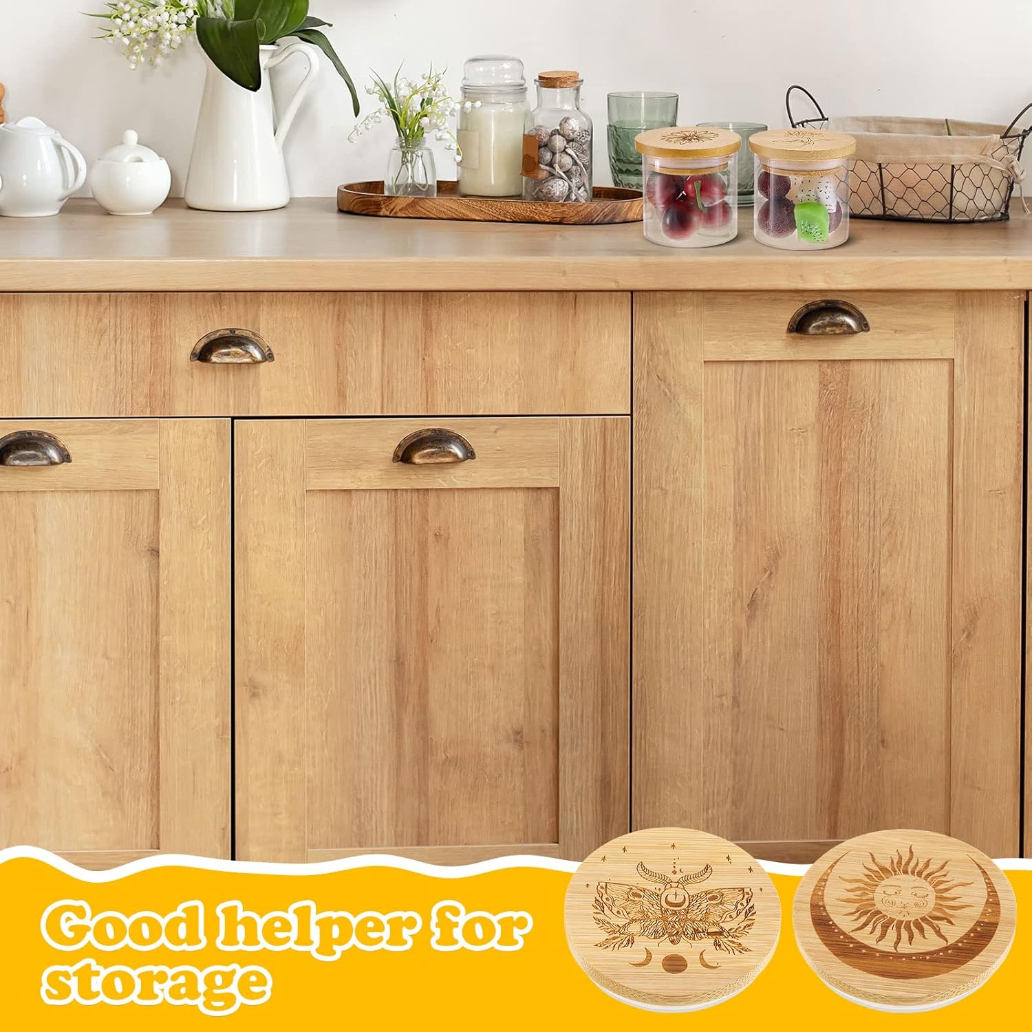 Bamboo Wood Yogurt Jar Lids Set with Silicone Sealing Rings - 6 Pack with Various Patterns for Oui Glass Jars - Reusable and Compatible