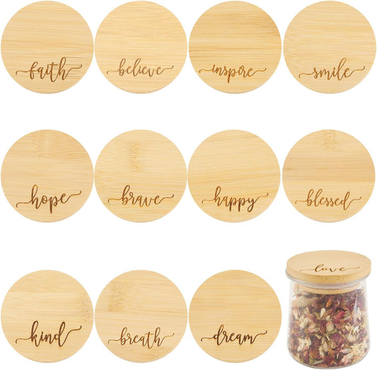 Bamboo Yogurt Lid Set for Oui Jars - 12 Inspirational Pieces with Silicone Sealing - Brave, Happy, Kind Plant Words