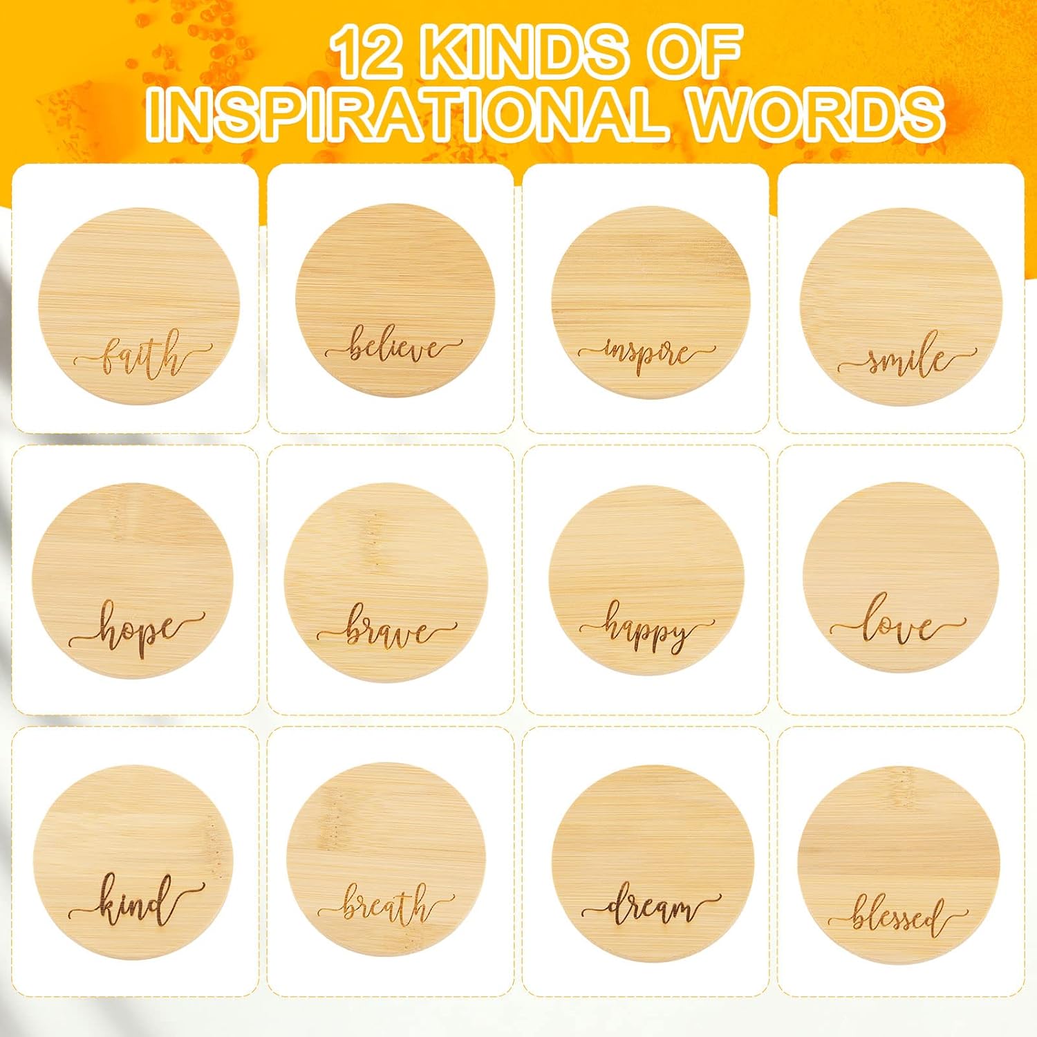 Bamboo Yogurt Lid Set for Oui Jars - 12 Inspirational Pieces with Silicone Sealing - Brave, Happy, Kind Plant Words