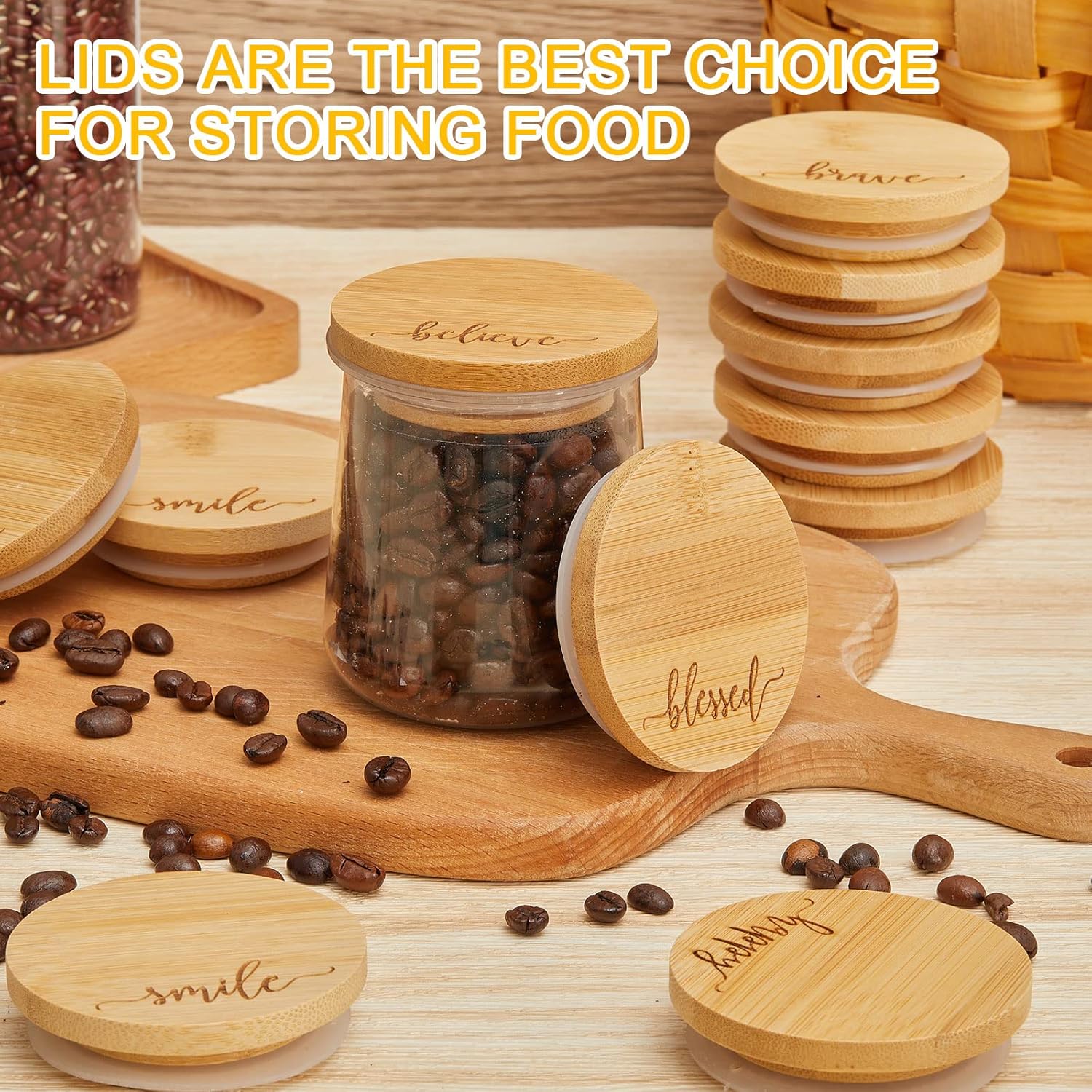 Bamboo Yogurt Lid Set for Oui Jars - 12 Inspirational Pieces with Silicone Sealing - Brave, Happy, Kind Plant Words