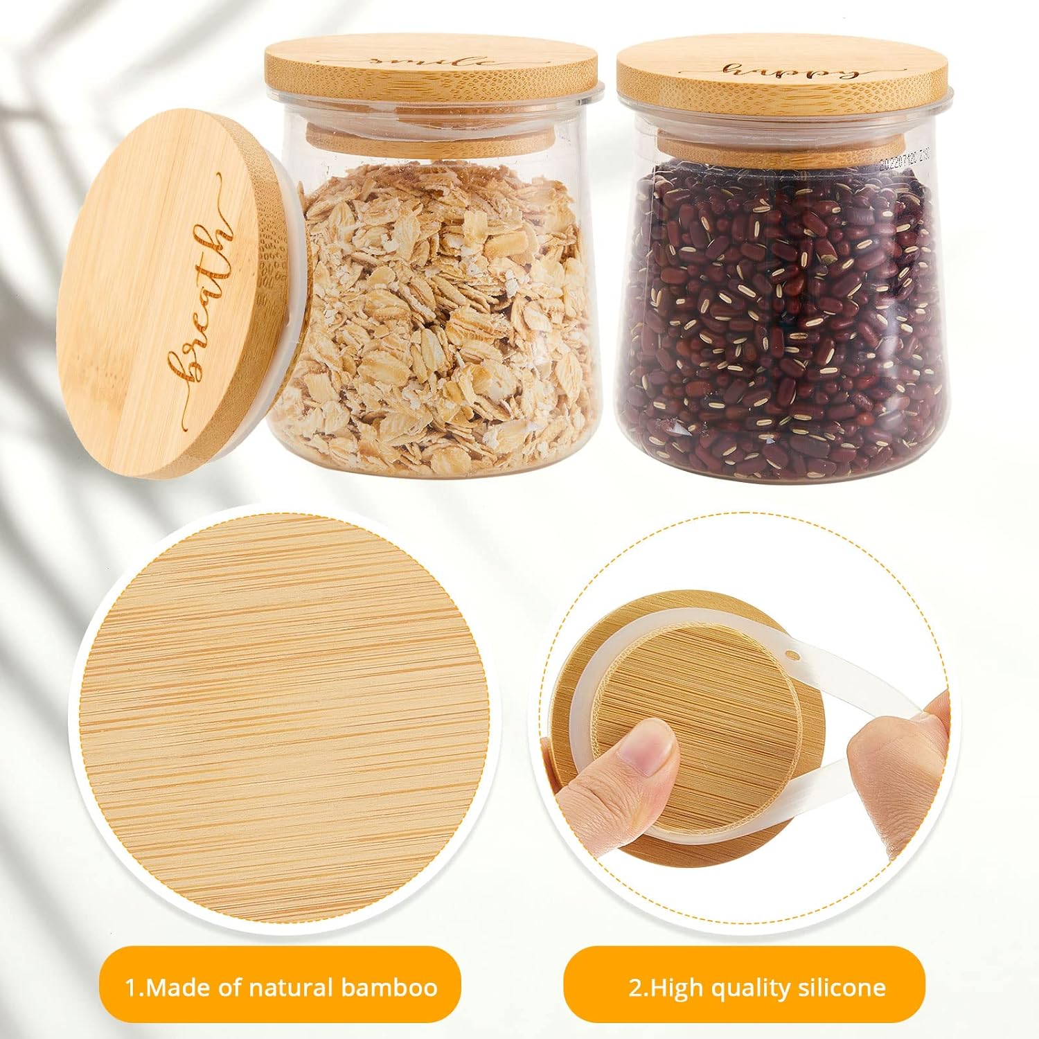 Bamboo Yogurt Lid Set for Oui Jars - 12 Inspirational Pieces with Silicone Sealing - Brave, Happy, Kind Plant Words