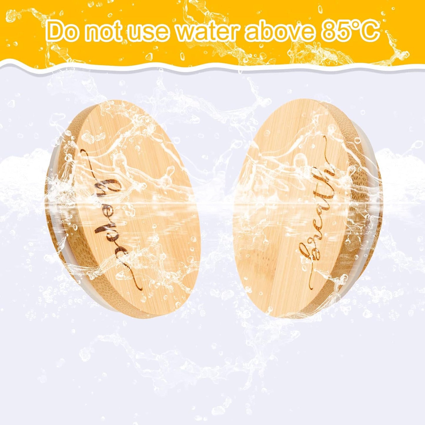 Bamboo Yogurt Lid Set for Oui Jars - 12 Inspirational Pieces with Silicone Sealing - Brave, Happy, Kind Plant Words