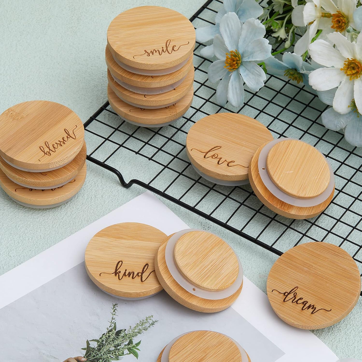 Bamboo Yogurt Lid Set for Oui Jars - 12 Inspirational Pieces with Silicone Sealing - Brave, Happy, Kind Plant Words