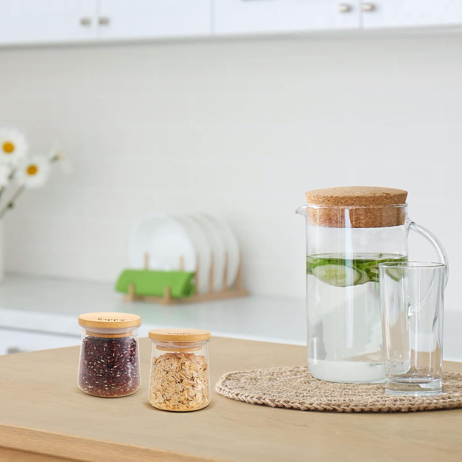 Bamboo Yogurt Lid Set for Oui Jars - 12 Inspirational Pieces with Silicone Sealing - Brave, Happy, Kind Plant Words