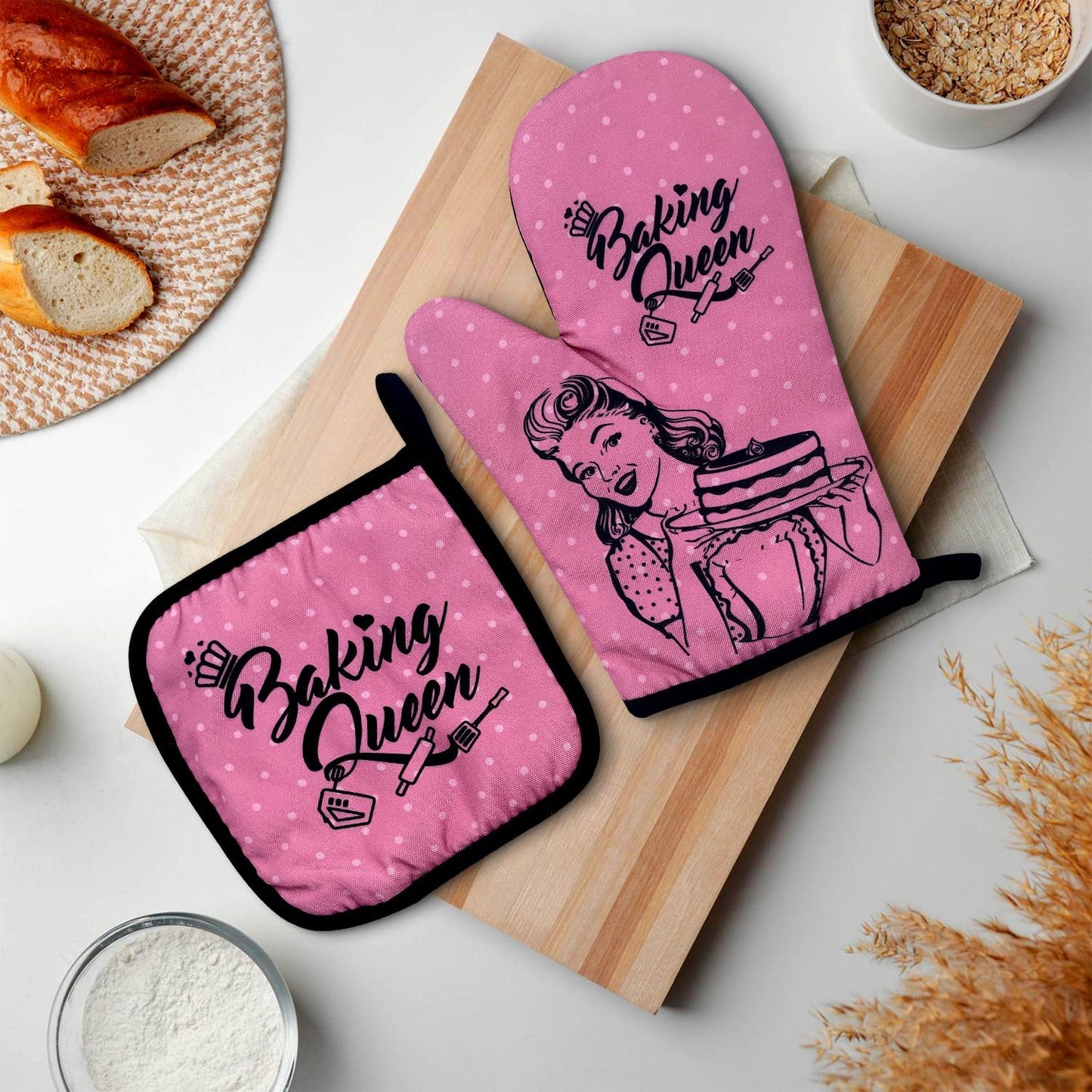 Barbie Pink Baking Queen Oven Mitts and Potholders Set - Silicone Non-Slip Insulation, Female Chef Assistant Gift
