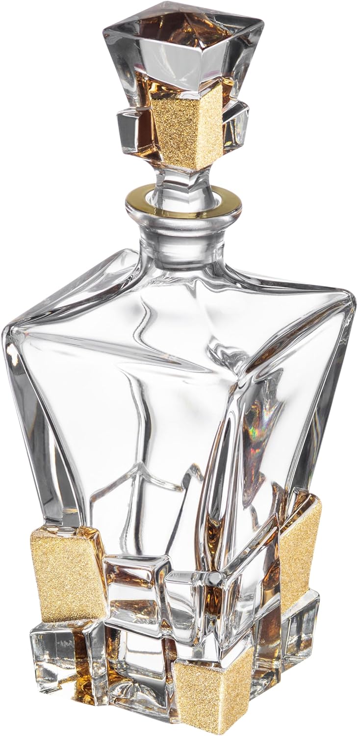 Barski European Quality Crystal Whiskey Liquor Decanter Square Shaped with Matte Gold Ice Cube Design 28 oz Height 11.25" Made in Europe