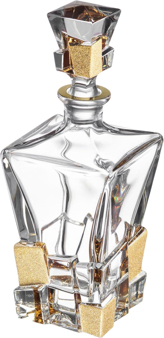 Barski European Quality Crystal Whiskey Liquor Decanter Square Shaped with Matte Gold Ice Cube Design 28 oz Height 11.25" Made in Europe