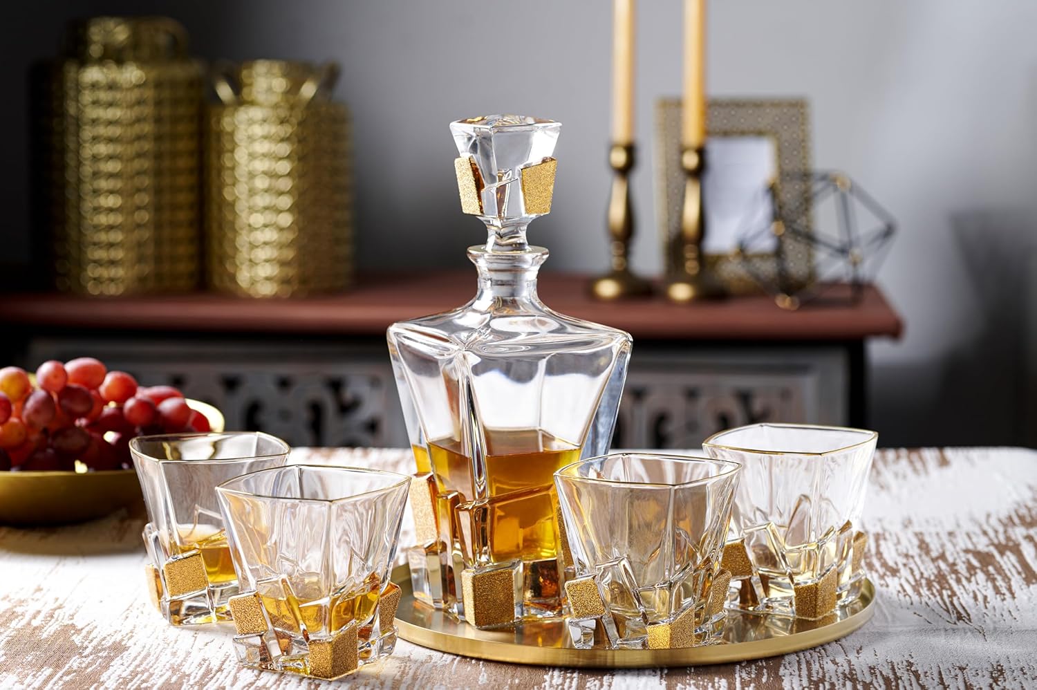 Barski European Quality Crystal Whiskey Liquor Decanter Square Shaped with Matte Gold Ice Cube Design 28 oz Height 11.25" Made in Europe