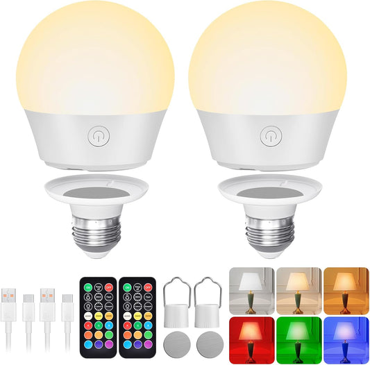 Battery-Operated Rechargeable Light Bulbs with Remote Control, Timer, and 3 Color Temperatures + 9 RGB Colors - 2 Pack