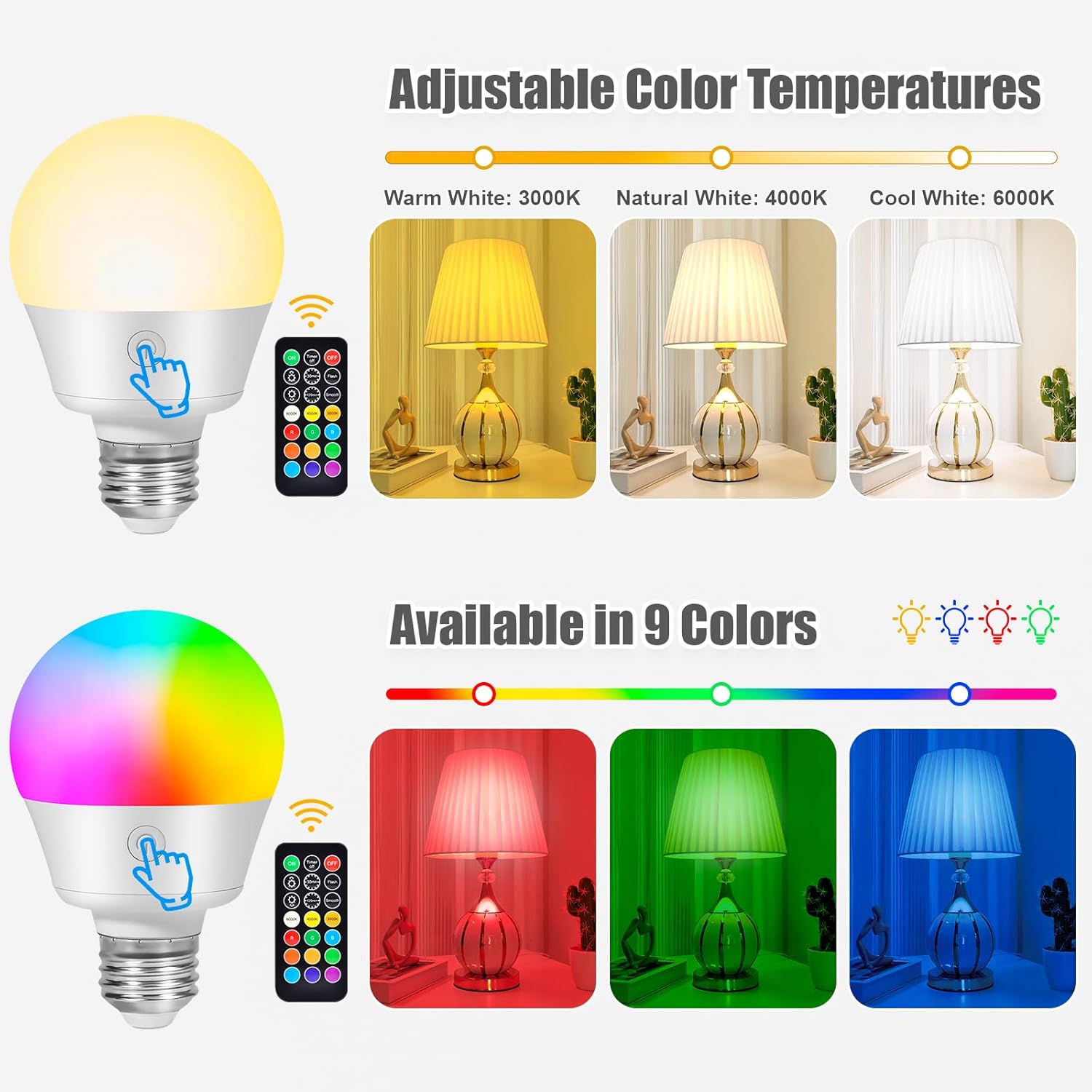 Battery-Operated Rechargeable Light Bulbs with Remote Control, Timer, and 3 Color Temperatures + 9 RGB Colors - 2 Pack