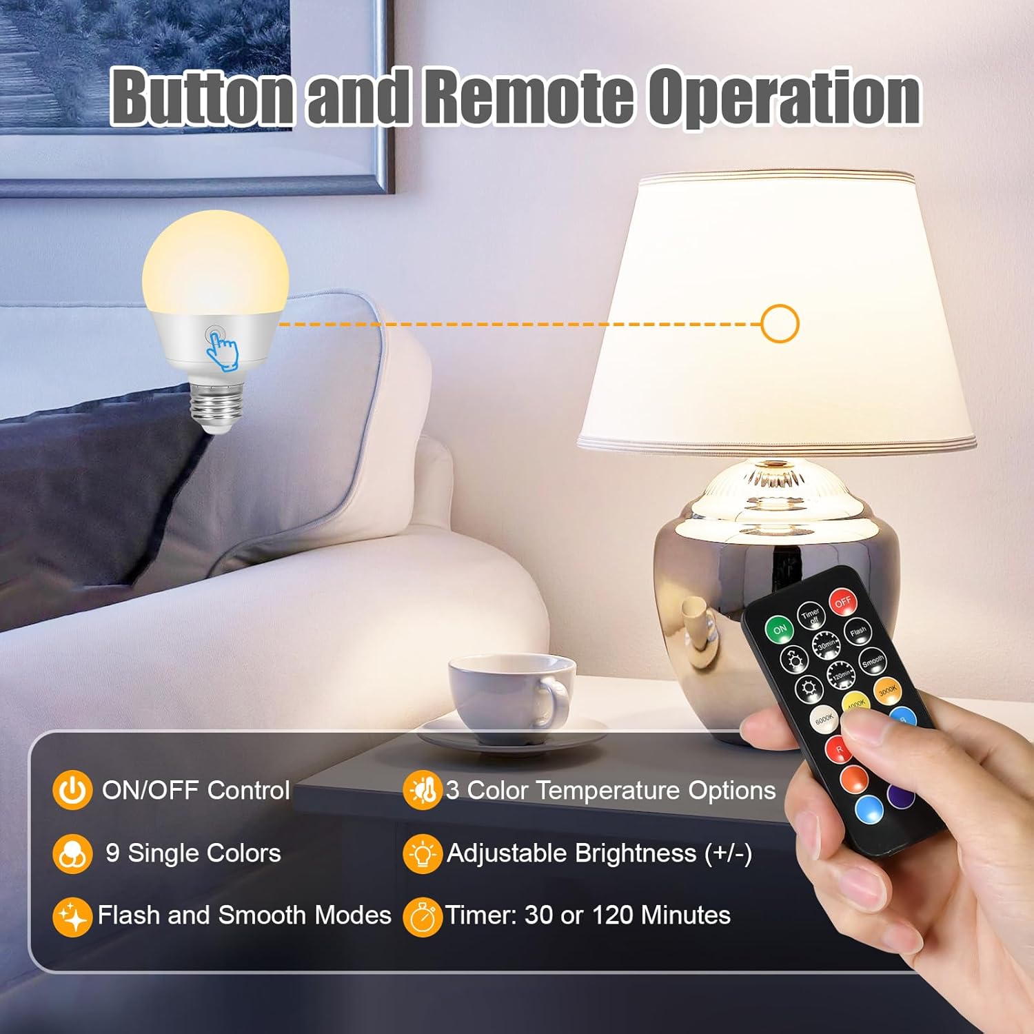 Battery-Operated Rechargeable Light Bulbs with Remote Control, Timer, and 3 Color Temperatures + 9 RGB Colors - 2 Pack