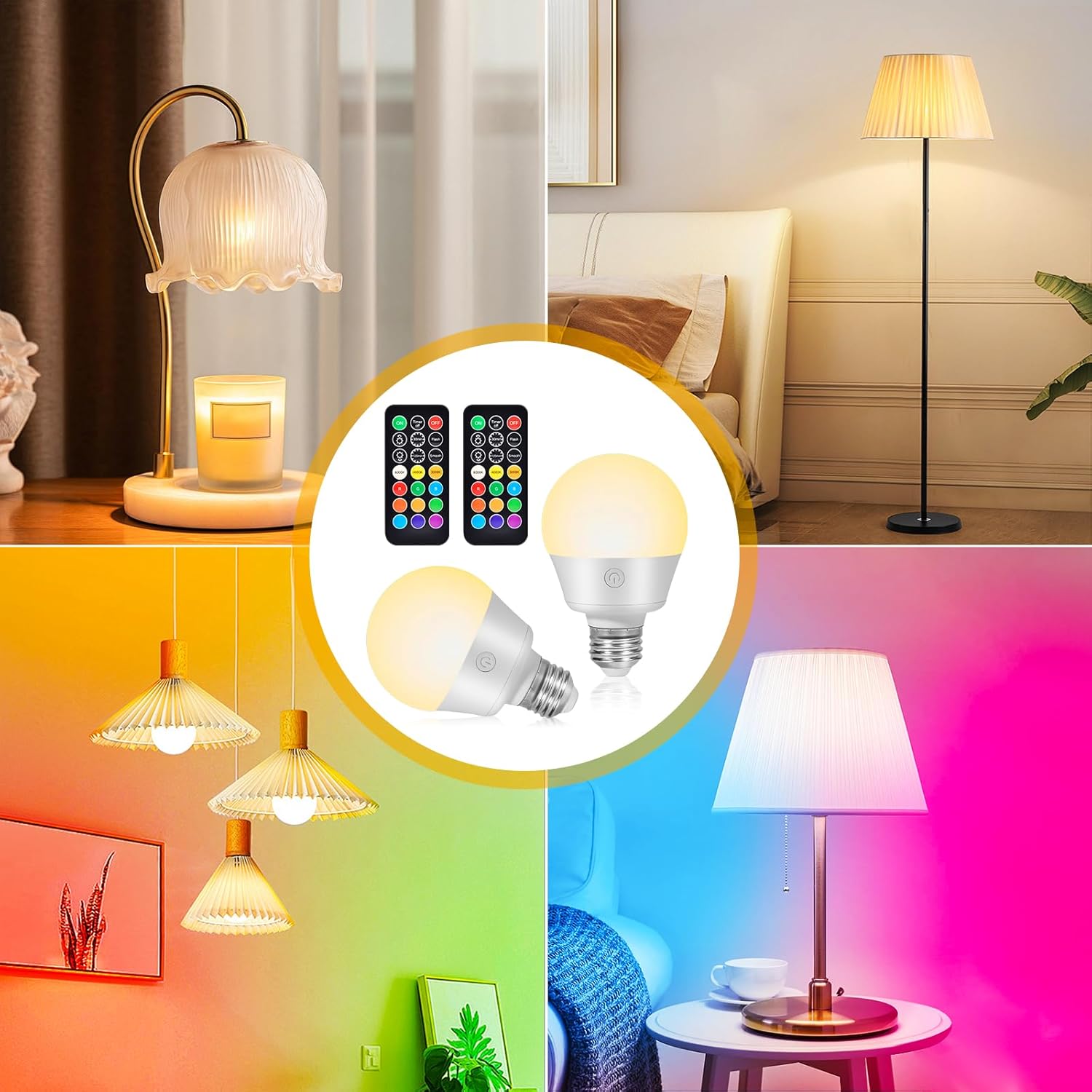 Battery-Operated Rechargeable Light Bulbs with Remote Control, Timer, and 3 Color Temperatures + 9 RGB Colors - 2 Pack