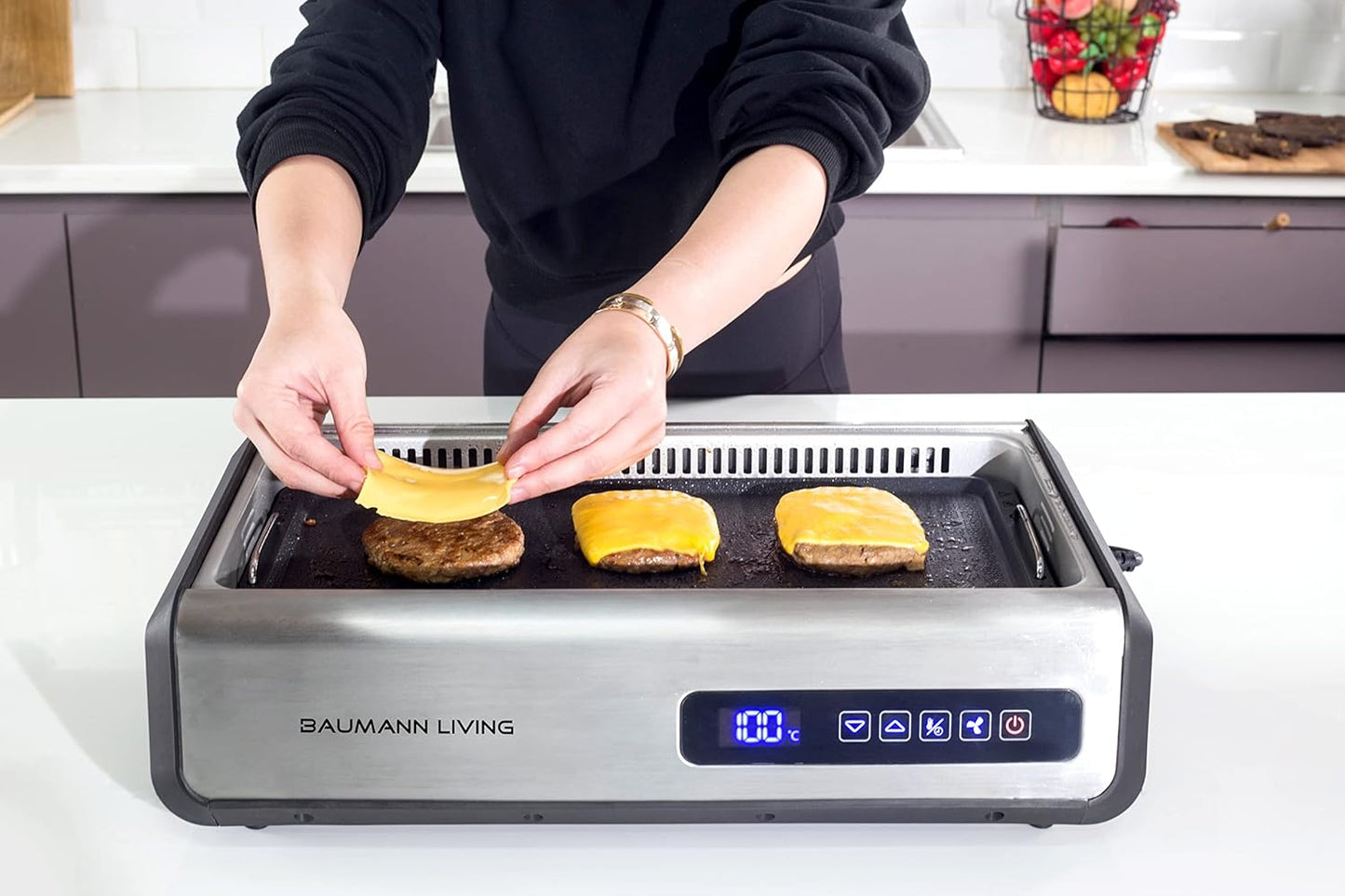 Baumann Living Indoor Smokeless Grill 1500W with Smart LED Touch Screen and Tempered Glass Lid - 2 Ceramic Nonstick Plates - Stainless Steel Design