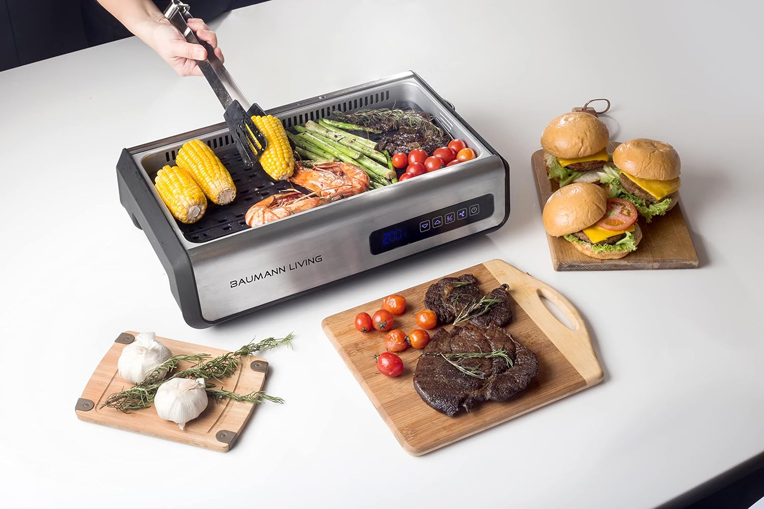 Baumann Living Indoor Smokeless Grill 1500W with Smart LED Touch Screen and Tempered Glass Lid - 2 Ceramic Nonstick Plates - Stainless Steel Design