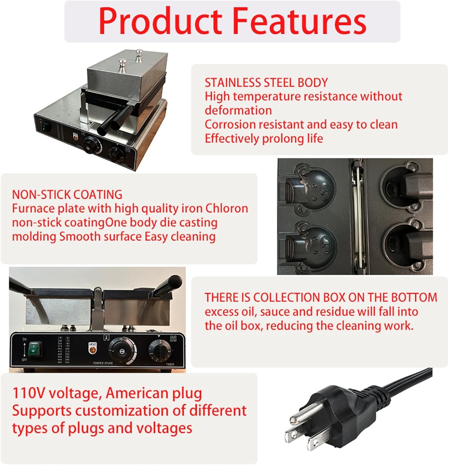 Bear Shaped Waffle Maker with Temp Control and Non-Stick Rotatable Pan