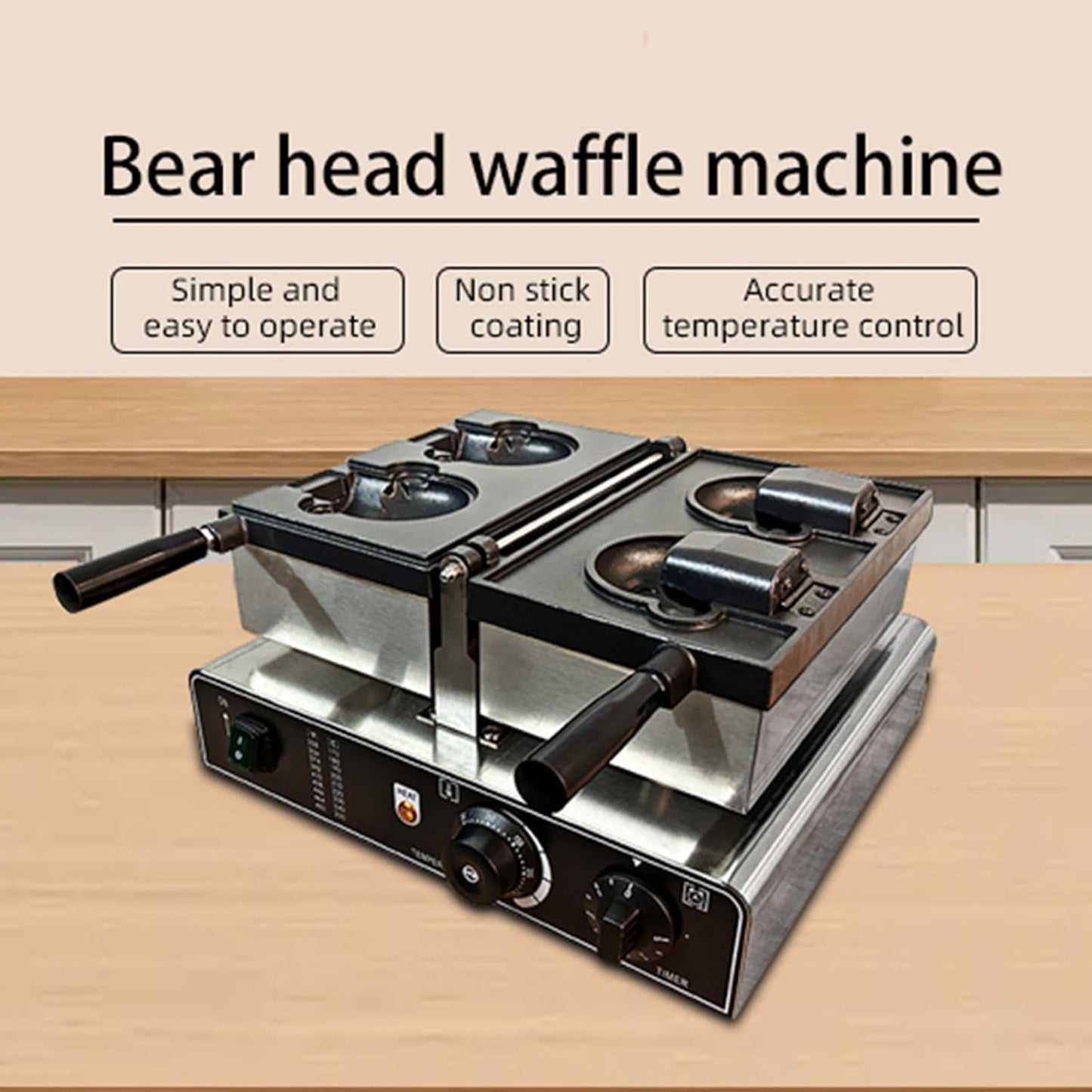 Bear Shaped Waffle Maker with Temp Control and Non-Stick Rotatable Pan