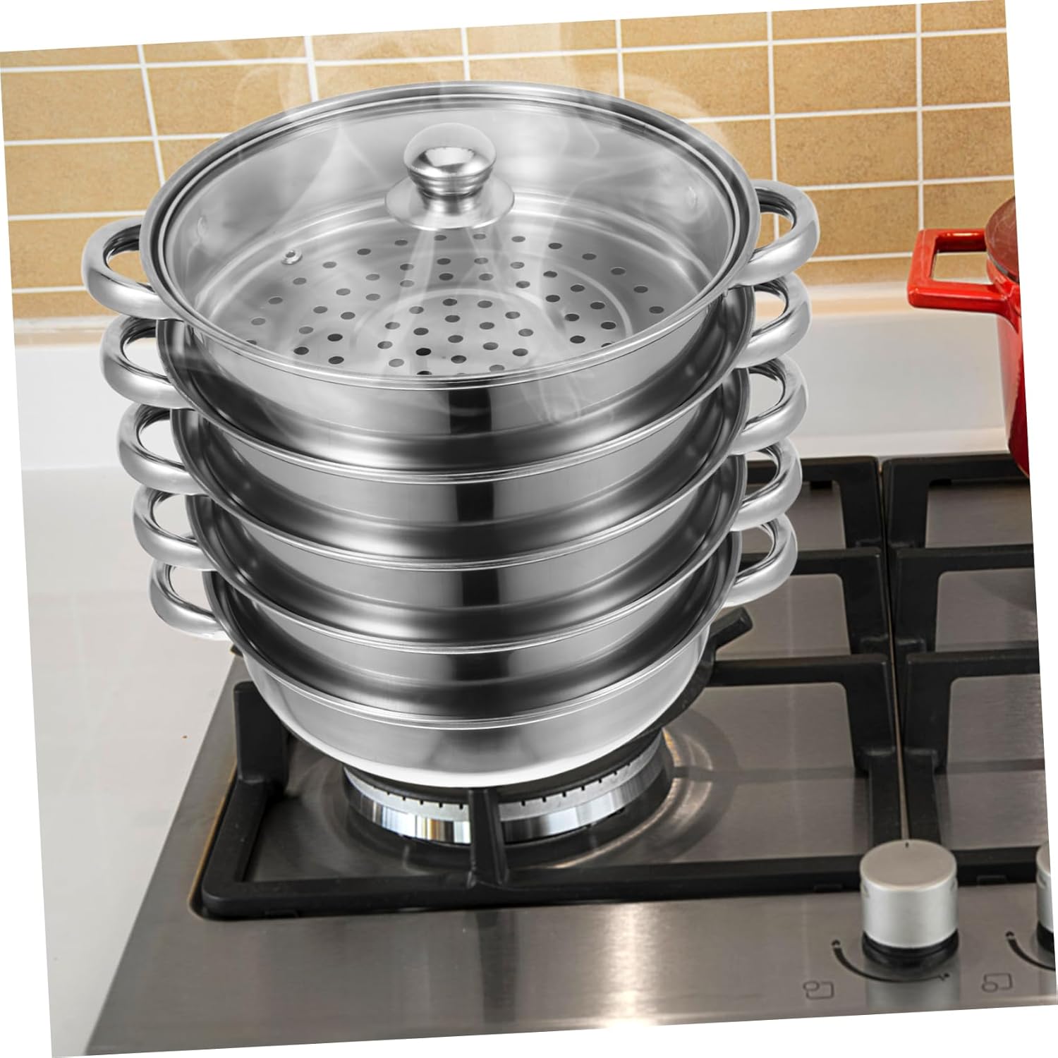 BEBEMOKO Stainless Steel Stock Pot with Steamer Basket for Cooking Soups and Dumplings