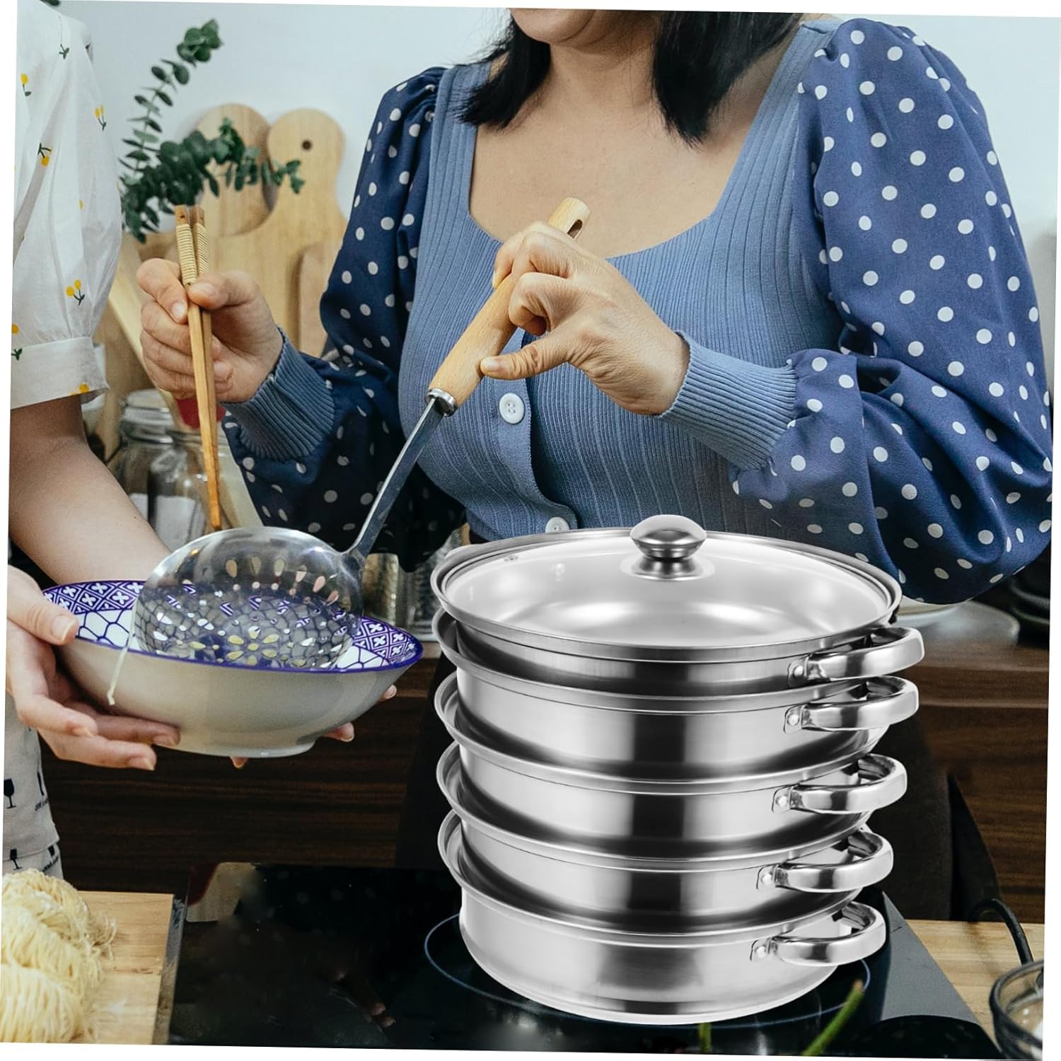 BEBEMOKO Stainless Steel Stock Pot with Steamer Basket for Cooking Soups and Dumplings