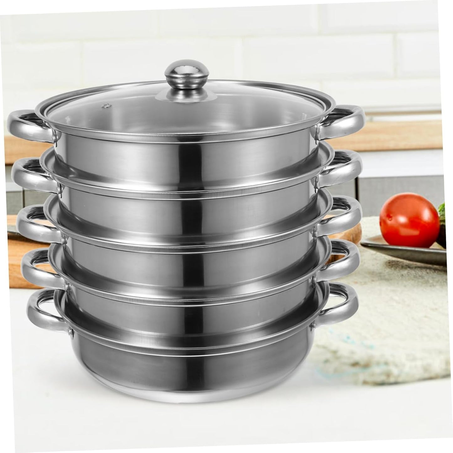 BEBEMOKO Stainless Steel Stock Pot with Steamer Basket for Cooking Soups and Dumplings