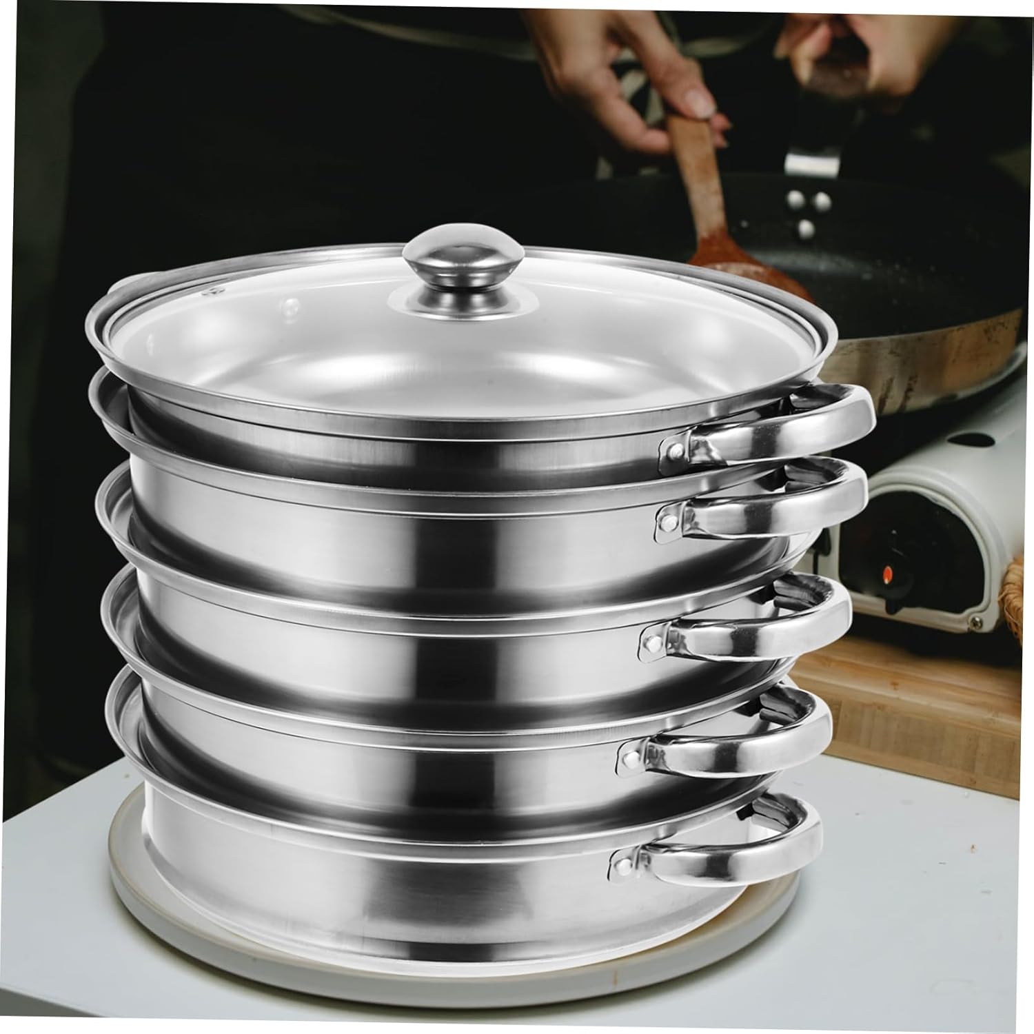 BEBEMOKO Stainless Steel Stock Pot with Steamer Basket for Cooking Soups and Dumplings