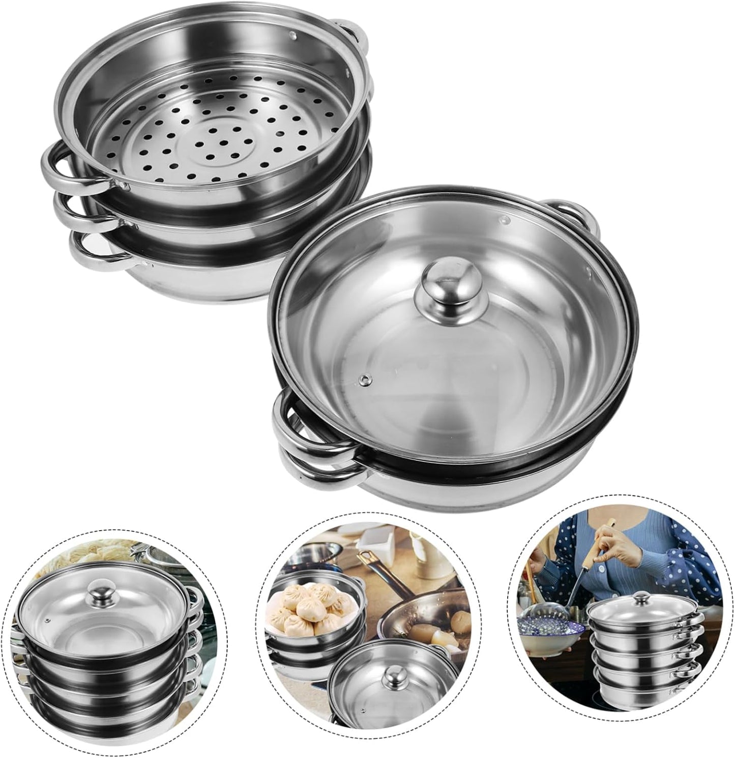 BEBEMOKO Stainless Steel Stock Pot with Steamer Basket for Cooking Soups and Dumplings
