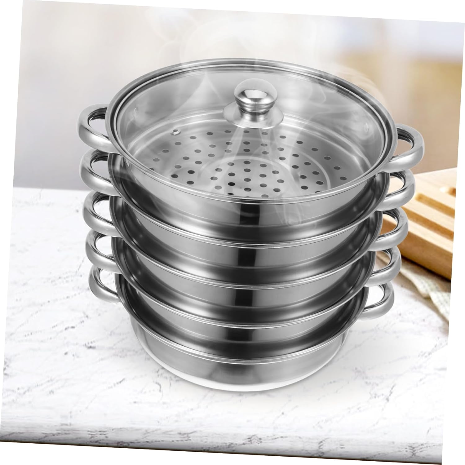 BEBEMOKO Stainless Steel Stock Pot with Steamer Basket for Cooking Soups and Dumplings