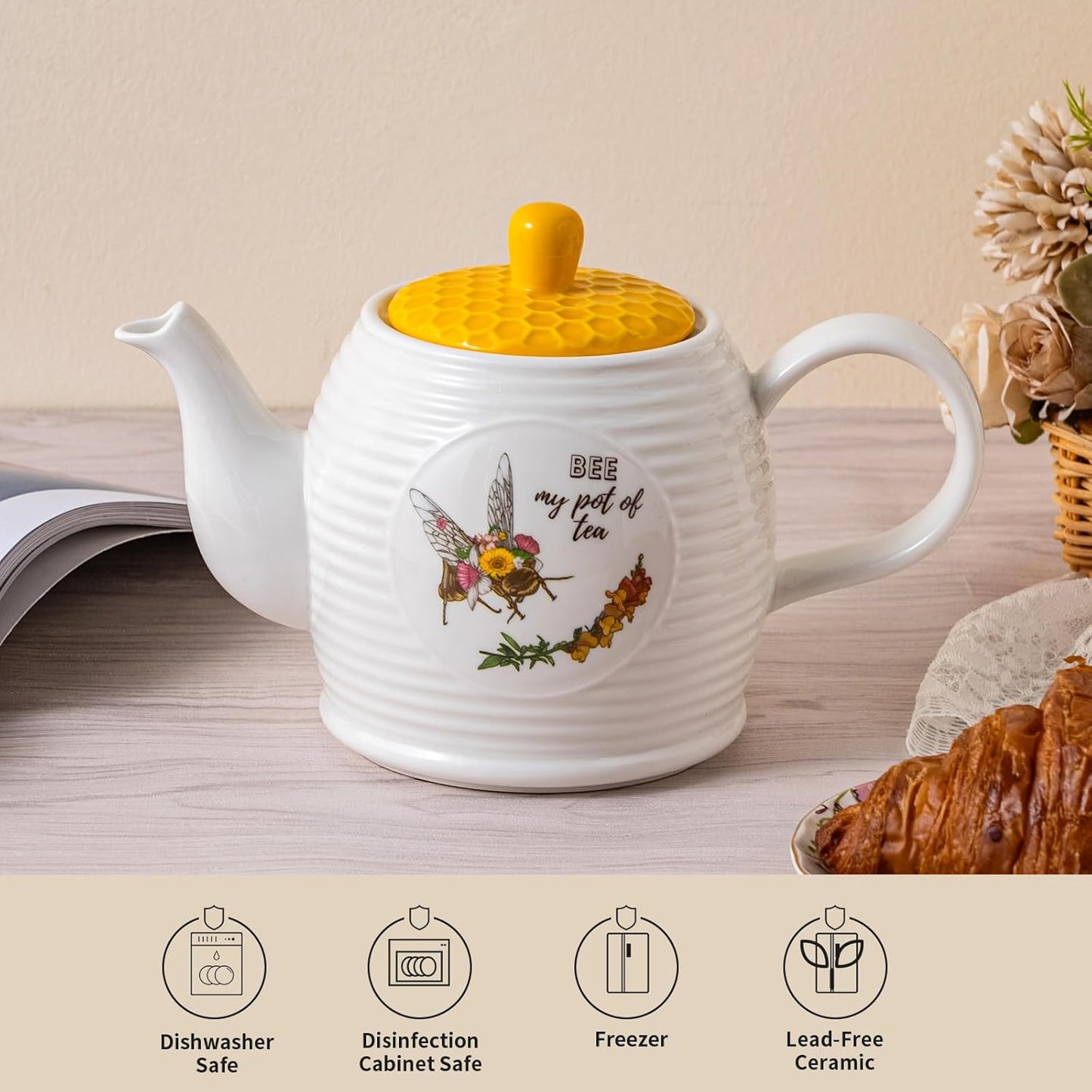 Bee Ceramic Teapot Set 27OZ - White Tea Pot, Coffee Pot, Water Kettle - Porcelain Gift for Home