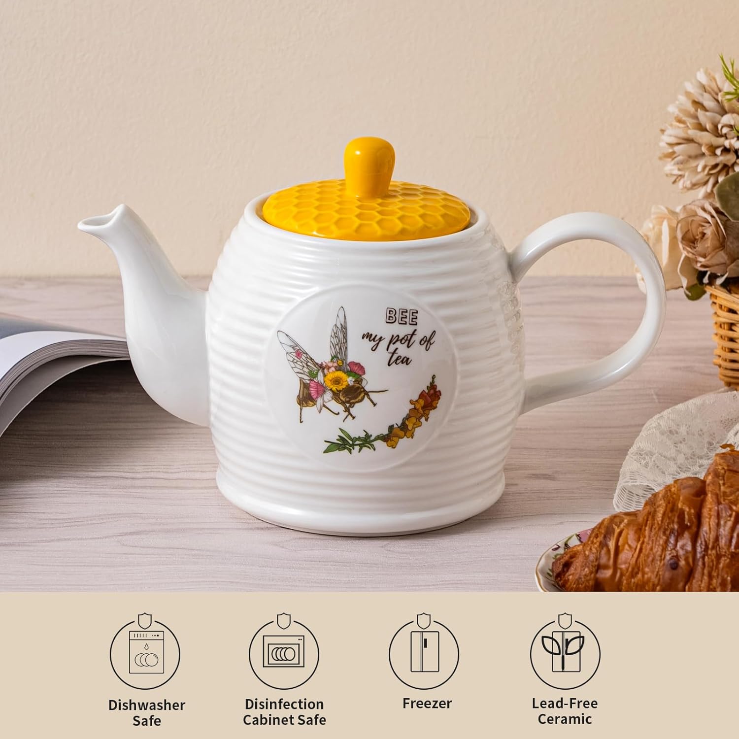 Bee Ceramic Teapot Set 27OZ - White Tea Pot, Coffee Pot, Water Kettle - Porcelain Gift for Home