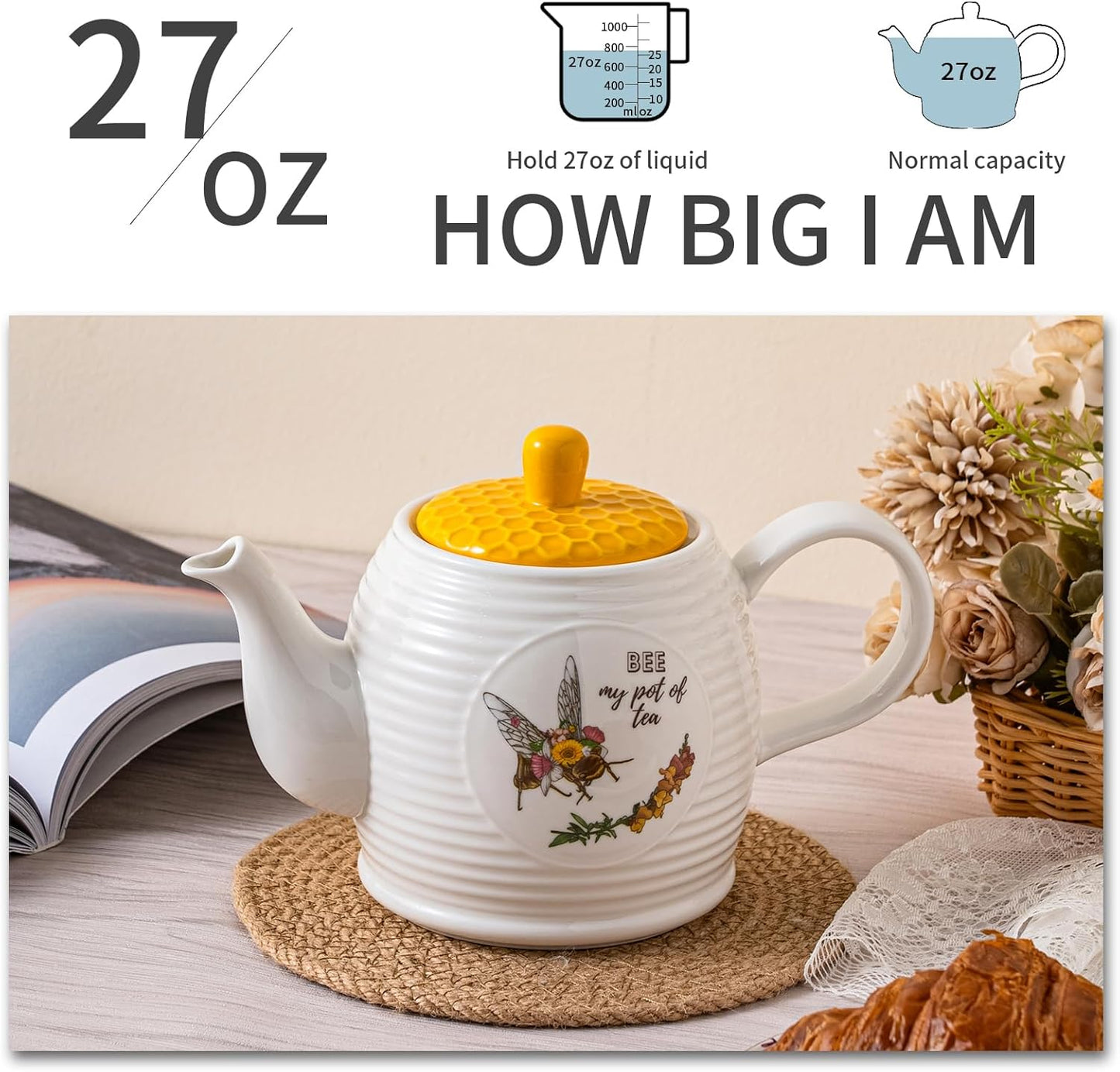 Bee Ceramic Teapot Set 27OZ - White Tea Pot, Coffee Pot, Water Kettle - Porcelain Gift for Home