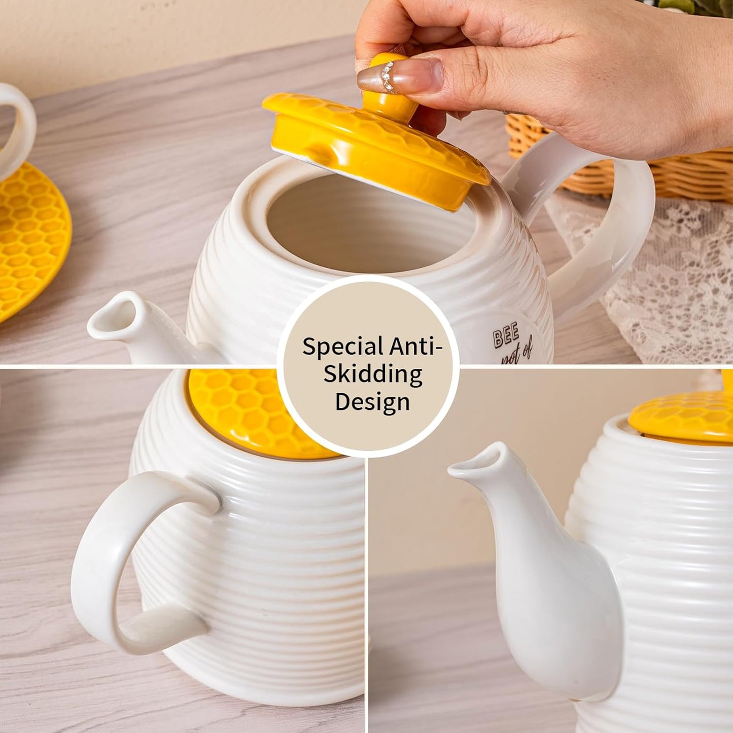 Bee Ceramic Teapot Set 27OZ - White Tea Pot, Coffee Pot, Water Kettle - Porcelain Gift for Home