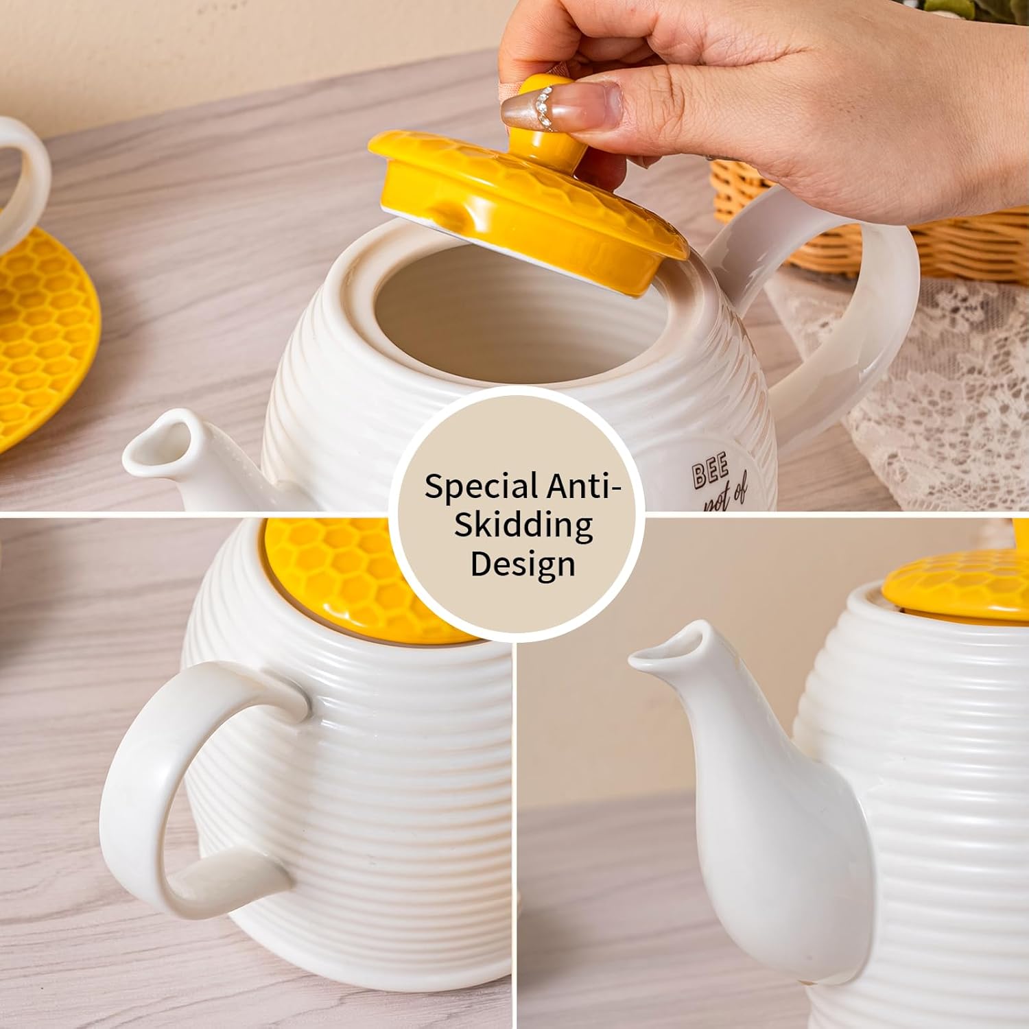 Bee Ceramic Teapot Set 27OZ - White Tea Pot, Coffee Pot, Water Kettle - Porcelain Gift for Home