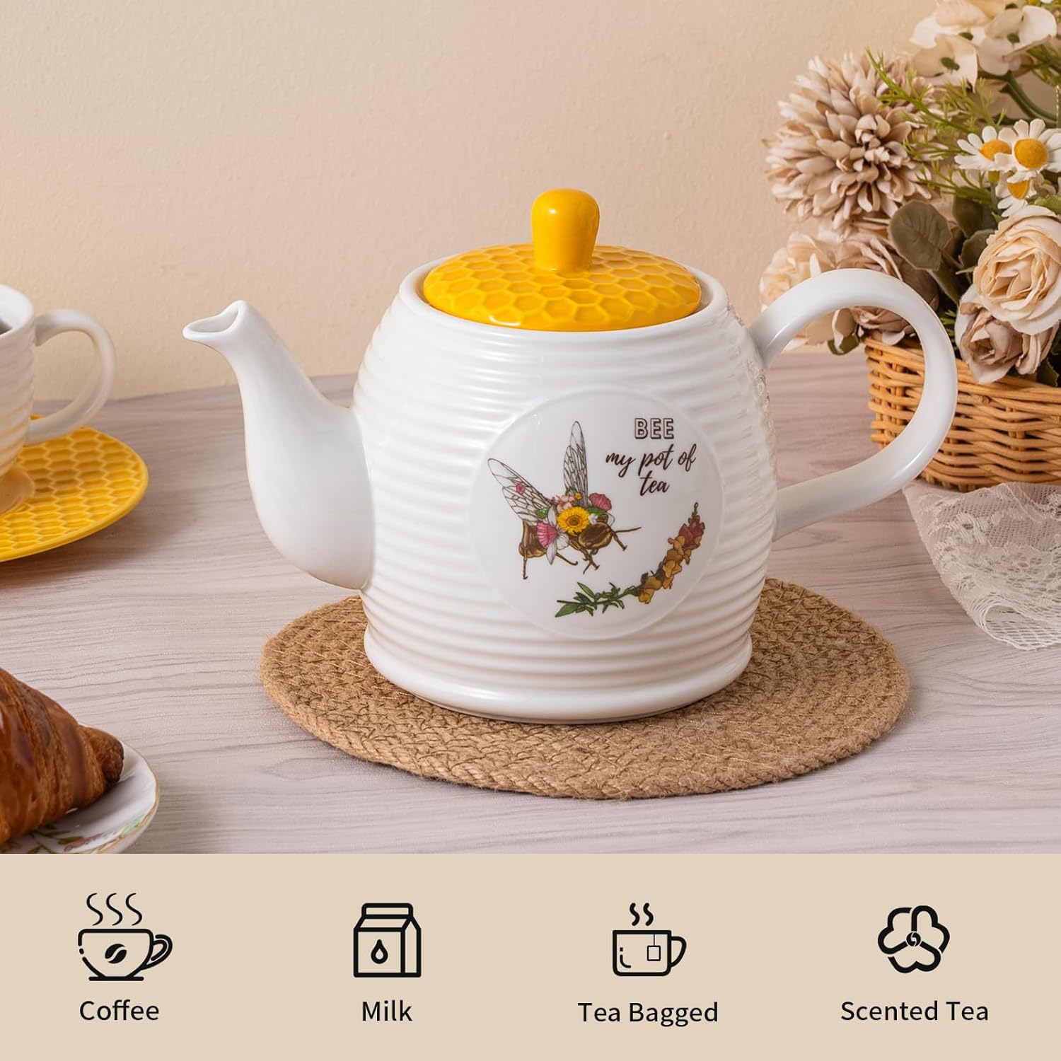 Bee Ceramic Teapot Set 27OZ - White Tea Pot, Coffee Pot, Water Kettle - Porcelain Gift for Home