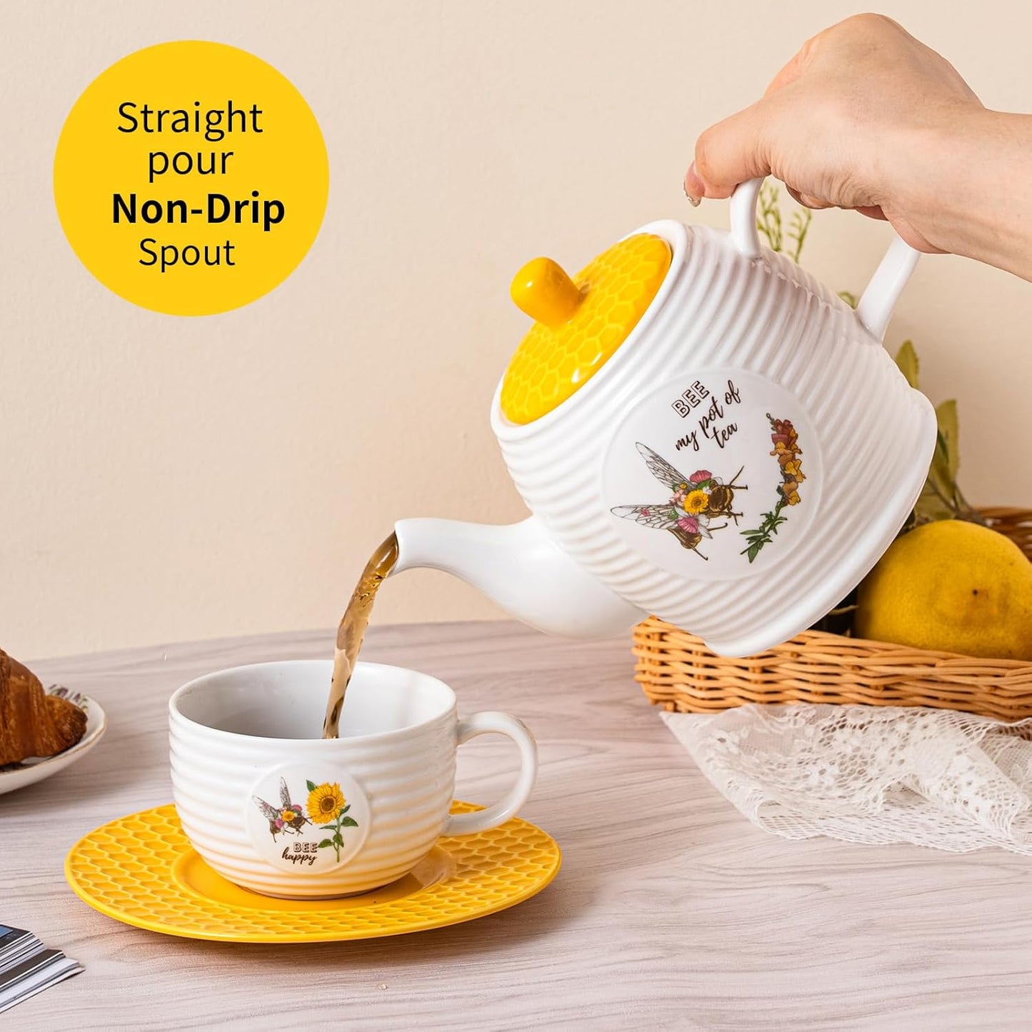 Bee Ceramic Teapot Set 27OZ - White Tea Pot, Coffee Pot, Water Kettle - Porcelain Gift for Home