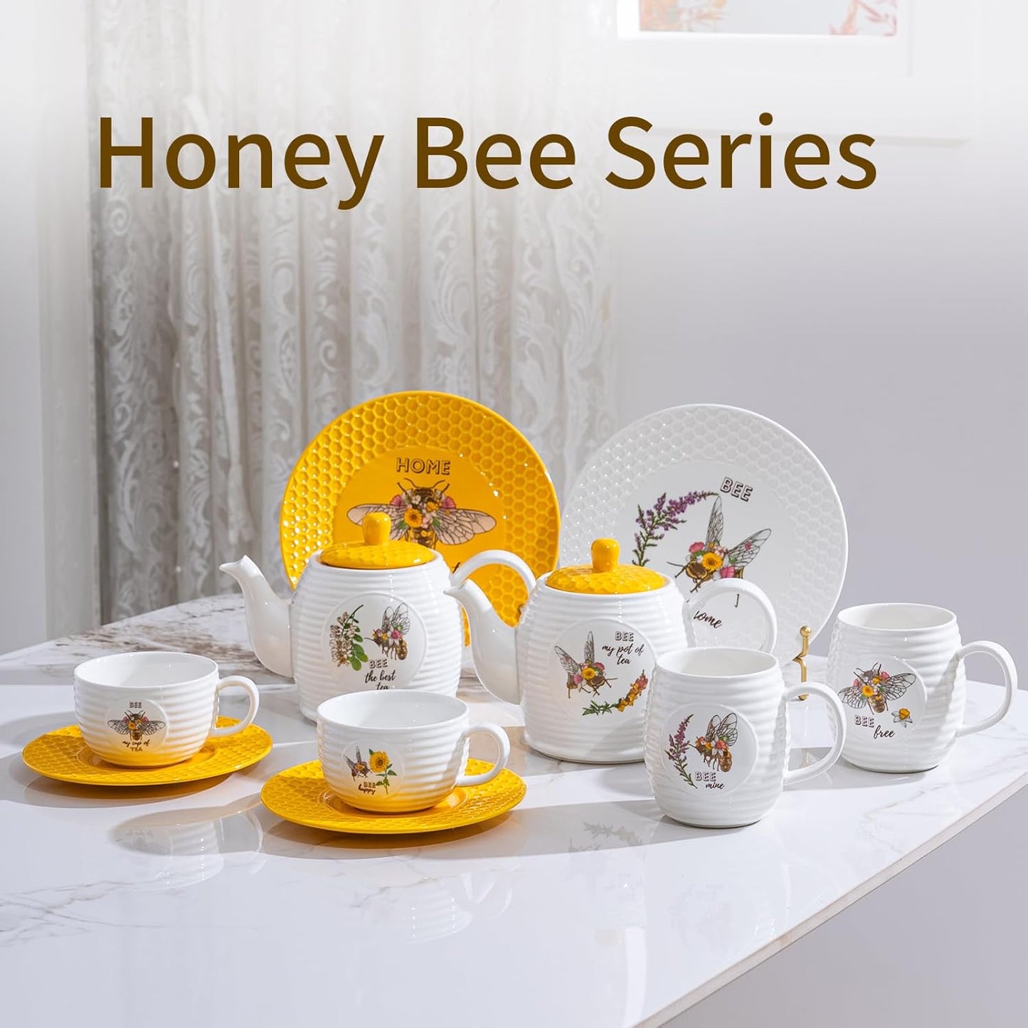 Bee Ceramic Teapot Set 27OZ - White Tea Pot, Coffee Pot, Water Kettle - Porcelain Gift for Home