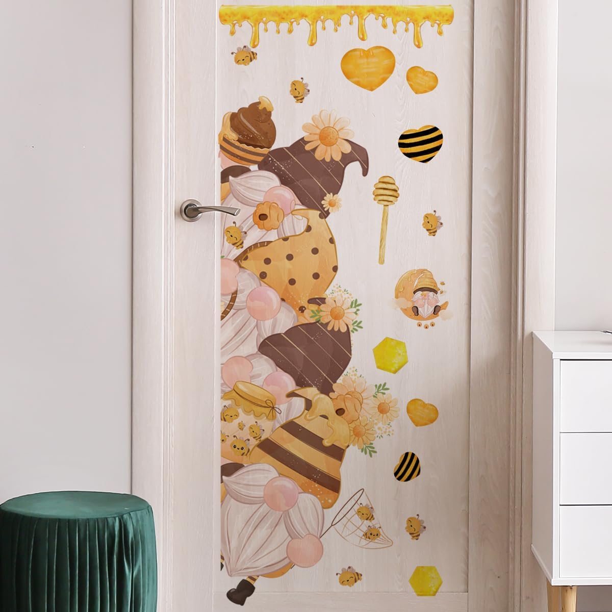 Bee Gnome Door Sticker Decoration Set - Removable Spring Sunflower Decal for Kids Nursery and Classroom