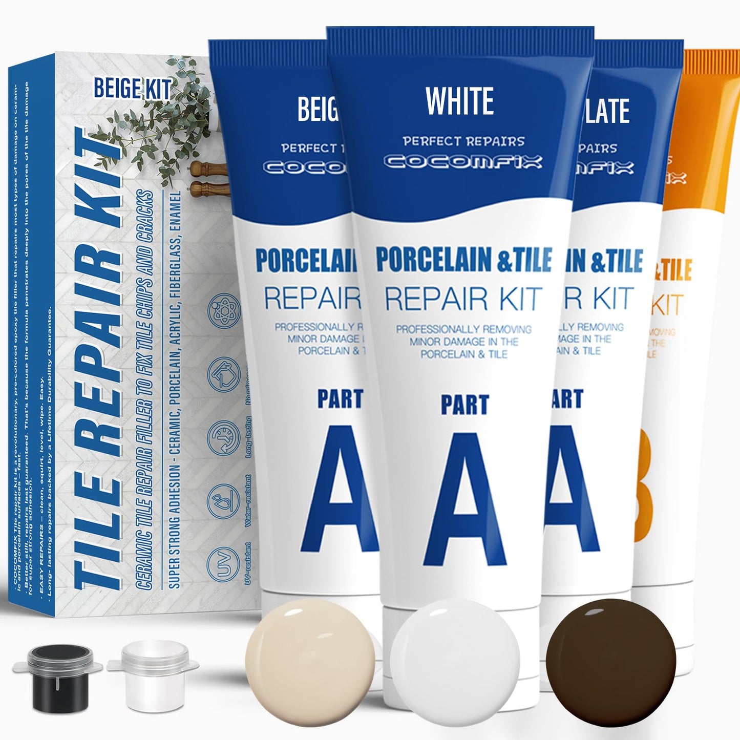 Beige Ceramic Tile Repair Kit - Strong Porcelain Filler for Cracks, Chips, Holes - Fast Fix for Porcelain, Ceramic, Acrylic, Fiberglass, Enamel