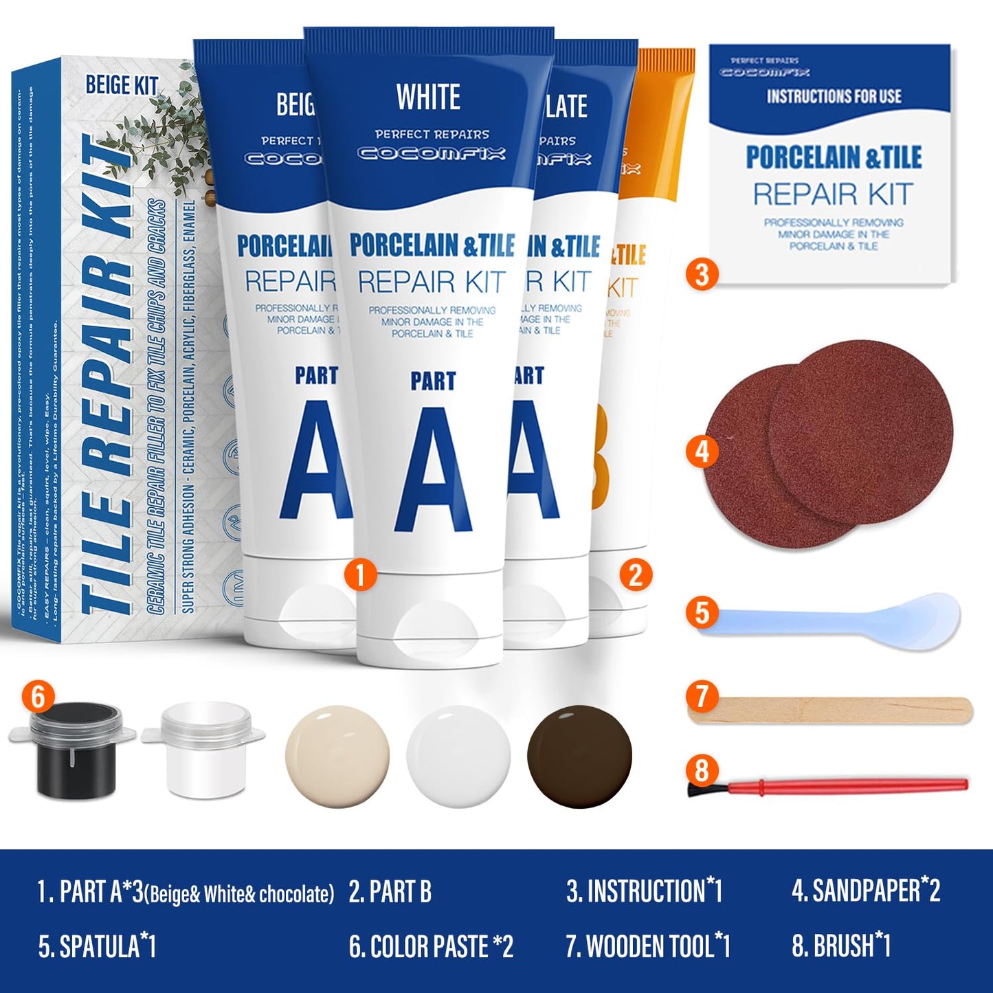 Beige Ceramic Tile Repair Kit - Strong Porcelain Filler for Cracks, Chips, Holes - Fast Fix for Porcelain, Ceramic, Acrylic, Fiberglass, Enamel