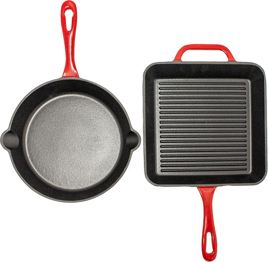 BergHOFF 2-Piece Enameled Cast Iron Cookware Set - 10" Fry Pan & Grill Pan, Induction Ready, Red, Oven Safe up to 400°F