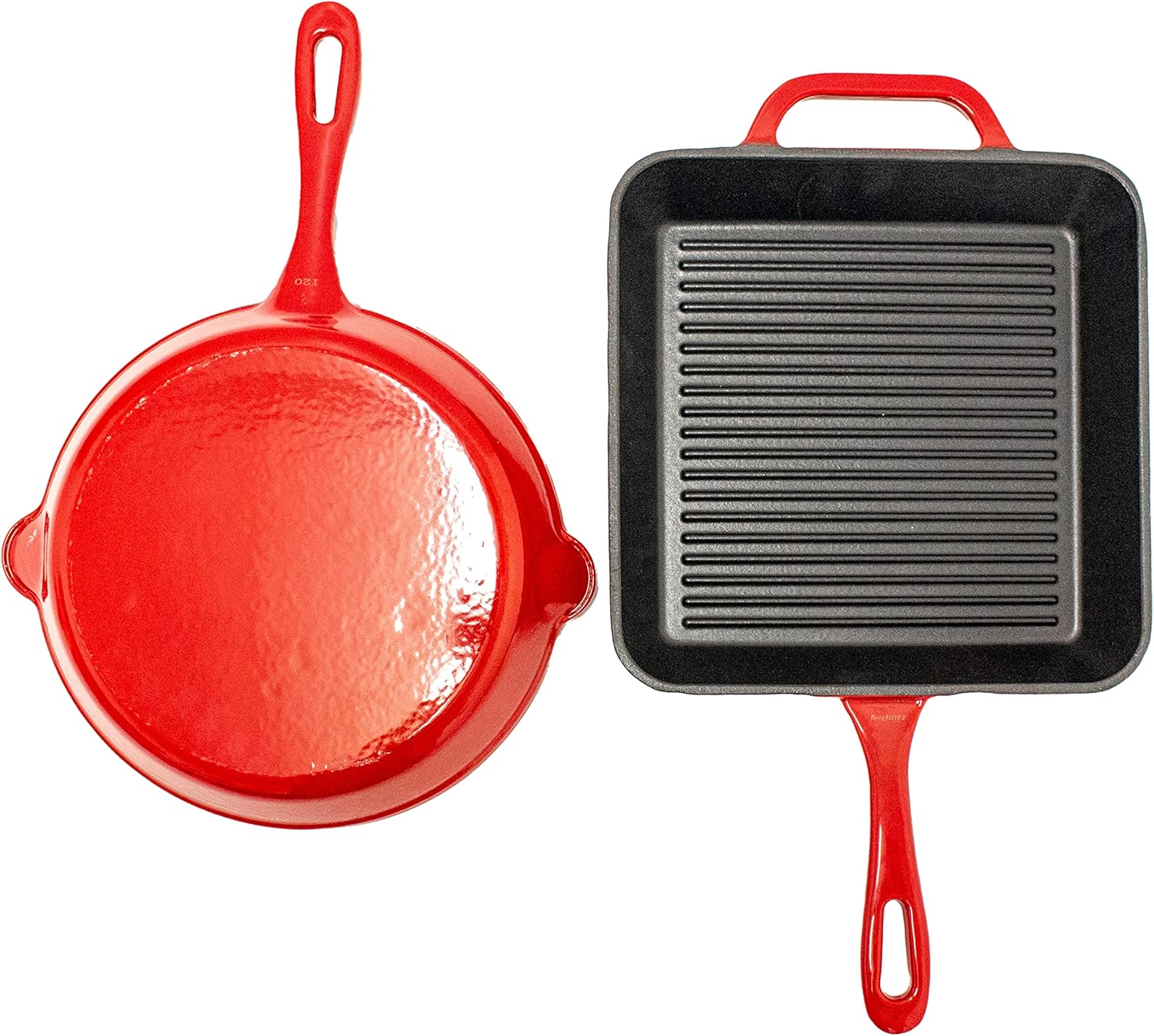 BergHOFF 2-Piece Enameled Cast Iron Cookware Set - 10" Fry Pan & Grill Pan, Induction Ready, Red, Oven Safe up to 400°F