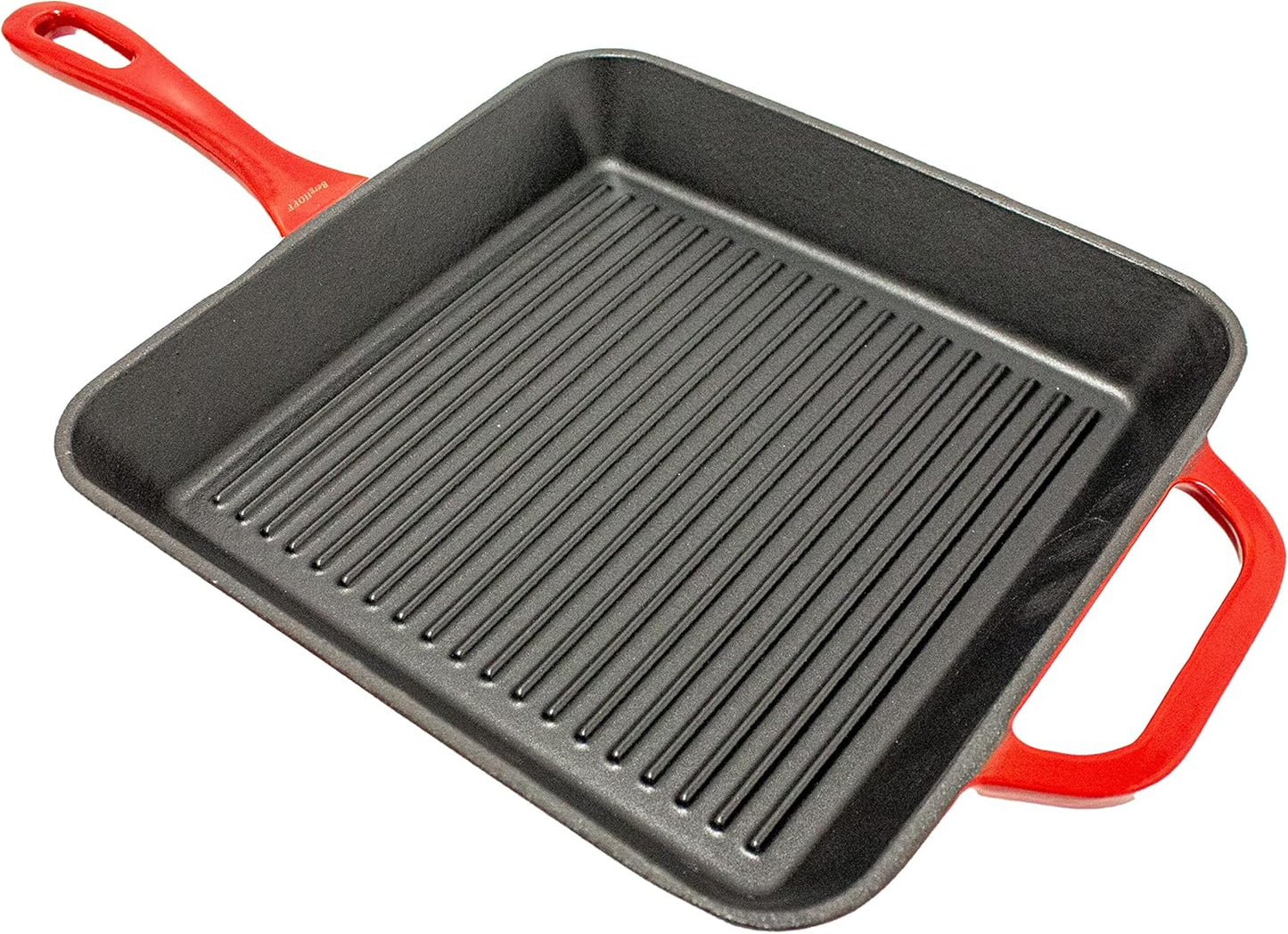 BergHOFF 2-Piece Enameled Cast Iron Cookware Set - 10" Fry Pan & Grill Pan, Induction Ready, Red, Oven Safe up to 400°F