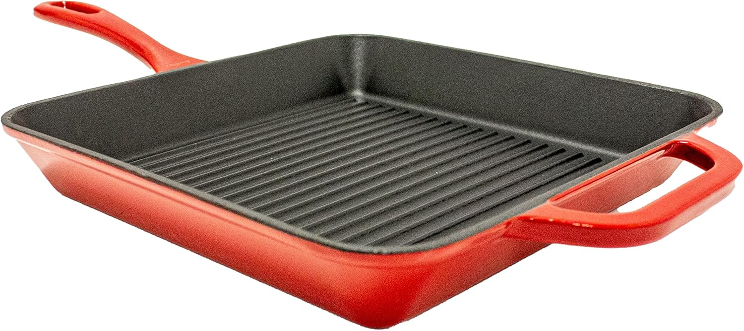 BergHOFF 2-Piece Enameled Cast Iron Cookware Set - 10" Fry Pan & Grill Pan, Induction Ready, Red, Oven Safe up to 400°F