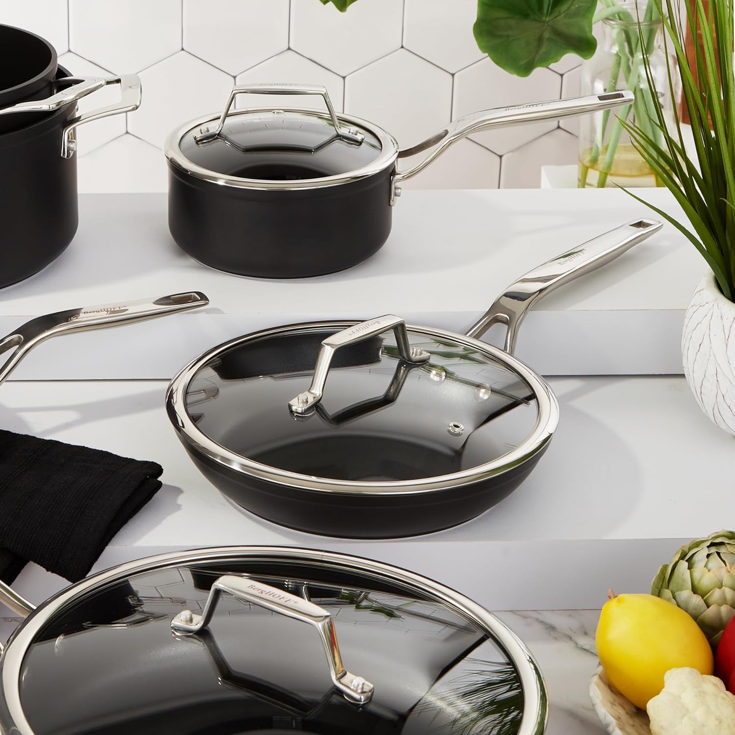 BergHOFF Essentials 6.25" Non-stick Saucepan with Glass Lid - 1.3qt, Hard Anodized, FernoGreen Coating, Induction Compatible