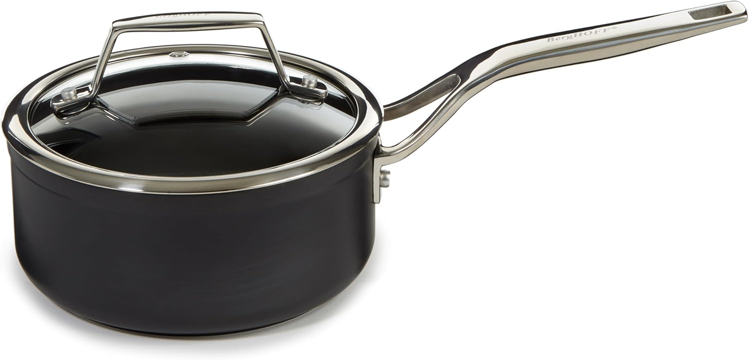 BergHOFF Essentials 6.25" Non-stick Saucepan with Glass Lid - 1.3qt, Hard Anodized, FernoGreen Coating, Induction Compatible