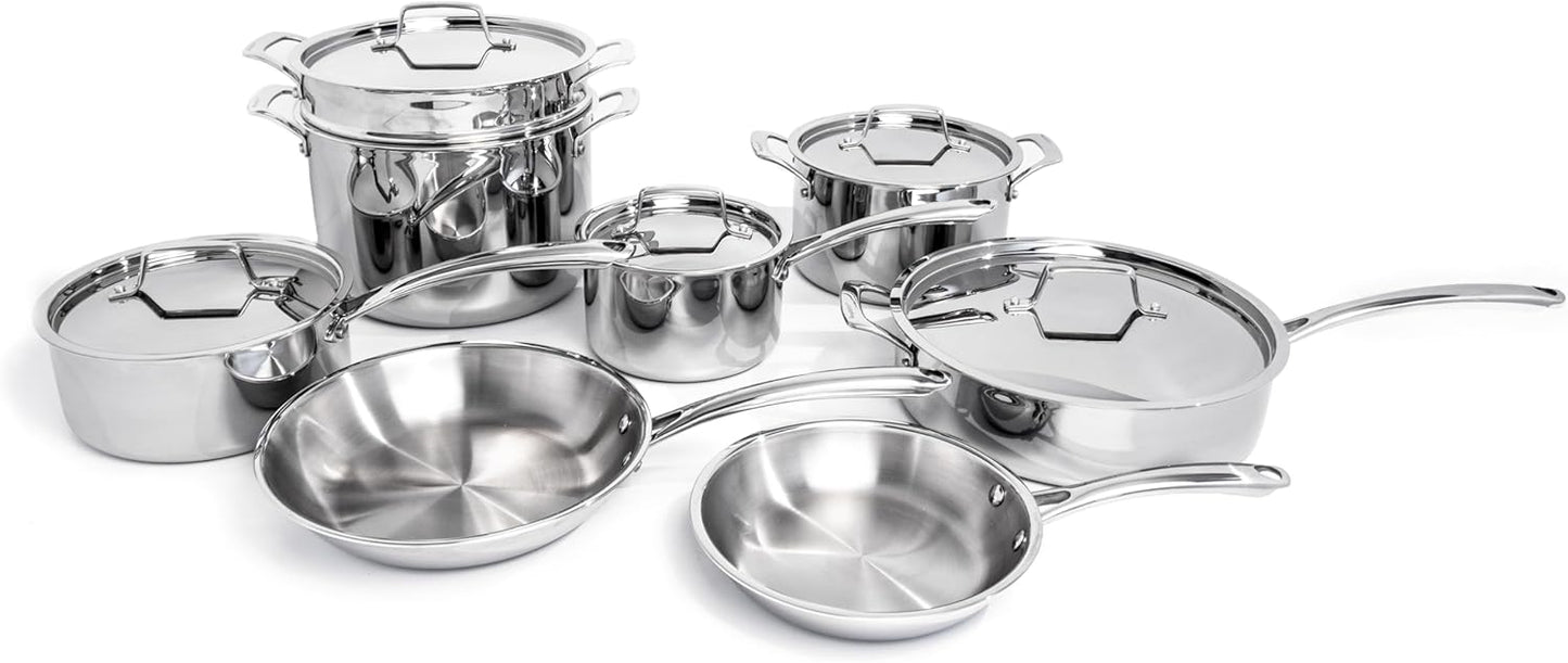 BergHOFF Professional Tri-ply Stainless Steel Cookware Set - 13Pc with Matching Lid, Safe Grip Handle, Induction Cooktop, Measurement Markings, Fast & Even Heat, Oven/Dishwasher Safe