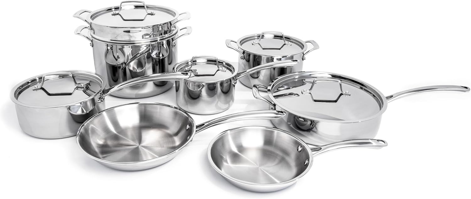 BergHOFF Professional Tri-ply Stainless Steel Cookware Set - 13Pc with Matching Lid, Safe Grip Handle, Induction Cooktop, Measurement Markings, Fast & Even Heat, Oven/Dishwasher Safe