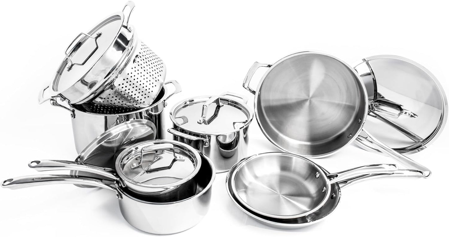 BergHOFF Professional Tri-ply Stainless Steel Cookware Set - 13Pc with Matching Lid, Safe Grip Handle, Induction Cooktop, Measurement Markings, Fast & Even Heat, Oven/Dishwasher Safe